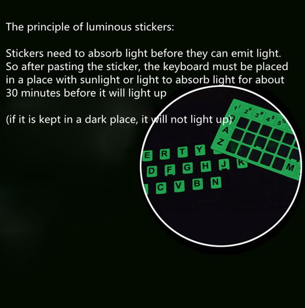 English Sticker Glow in the Dark, Luminous Replacement Keyboard Sticker for Lapt
