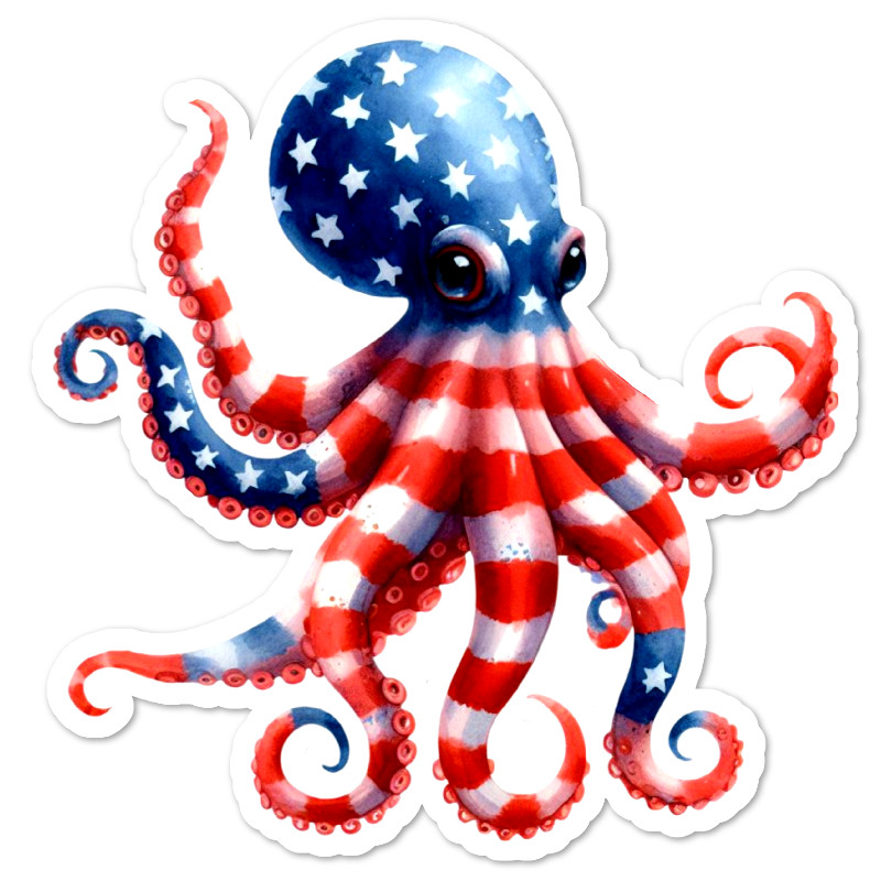 July 4 Patriotic Octopus Vinyl Sticker, Water Resistant, Laptop, Water Bottle