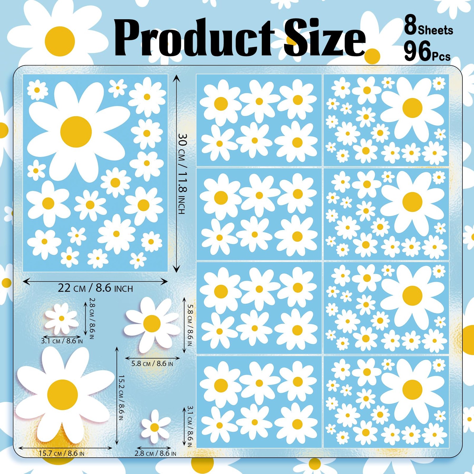 Daisy Wall Decal, 8 Sheets 96Pcs Daisy Flower Wall Stickers Peel and Stick Wh…