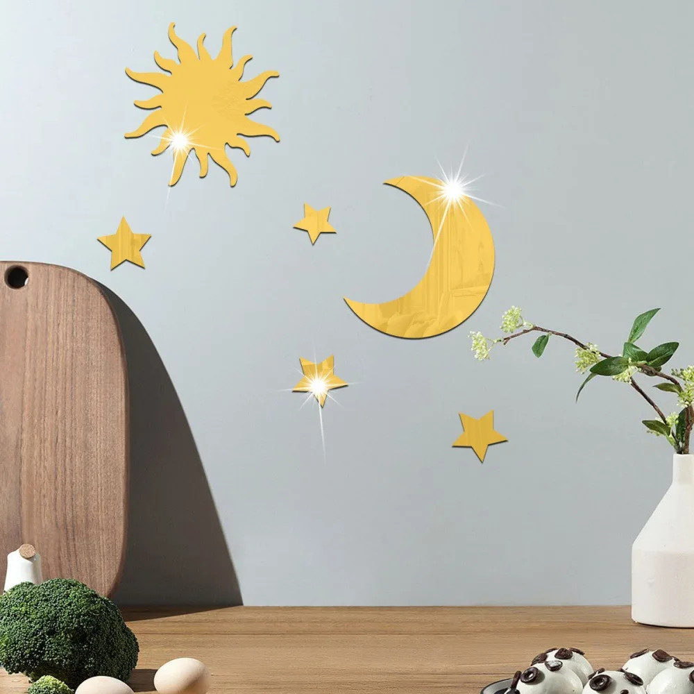 Star Moon Combination Mirror Stickers 6PCS Acrylic Stereo Self Adhesive Wall Art
