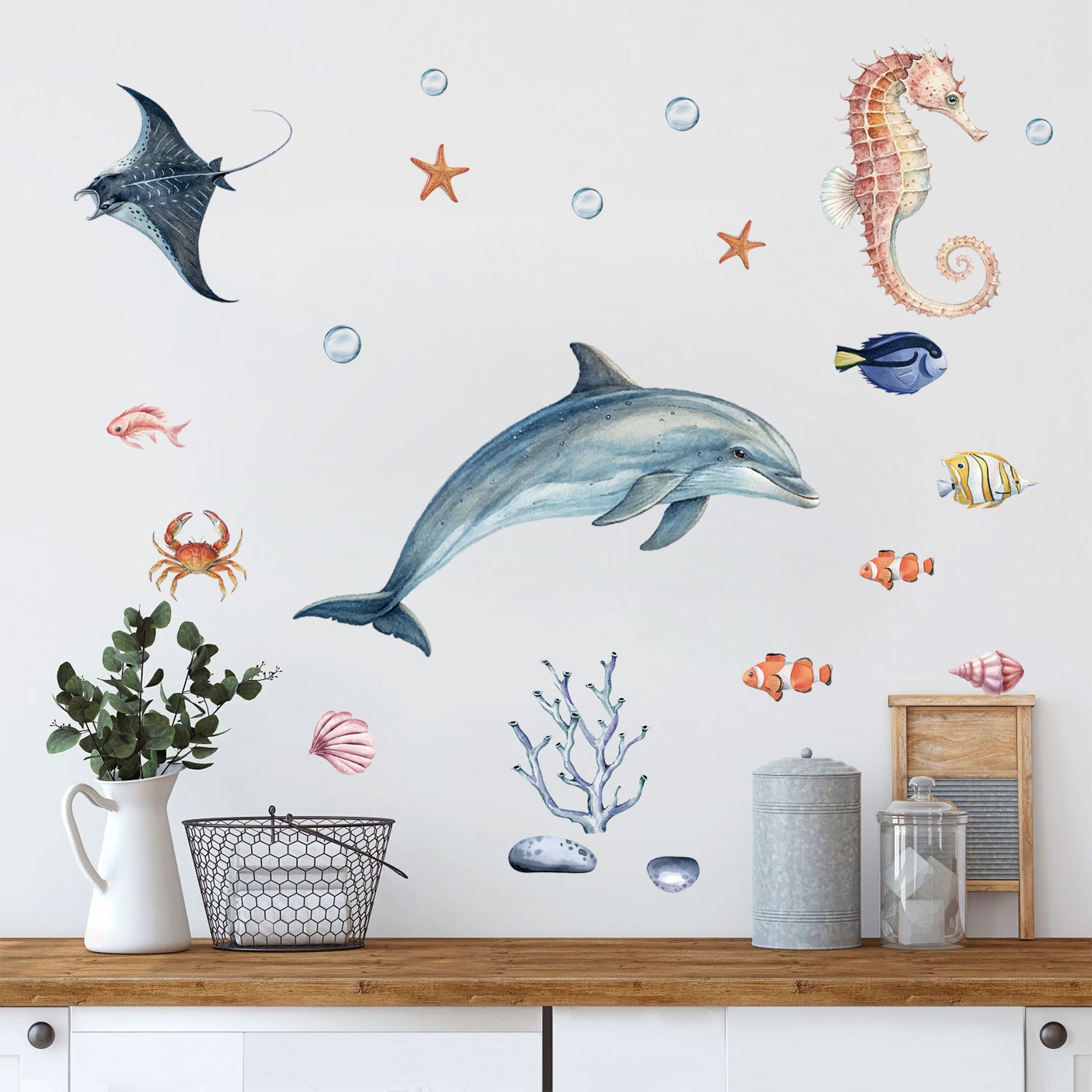 2PCS Marine Life Wall Stickers Removable PVC Ocean Decals Wall Art for Home Deco