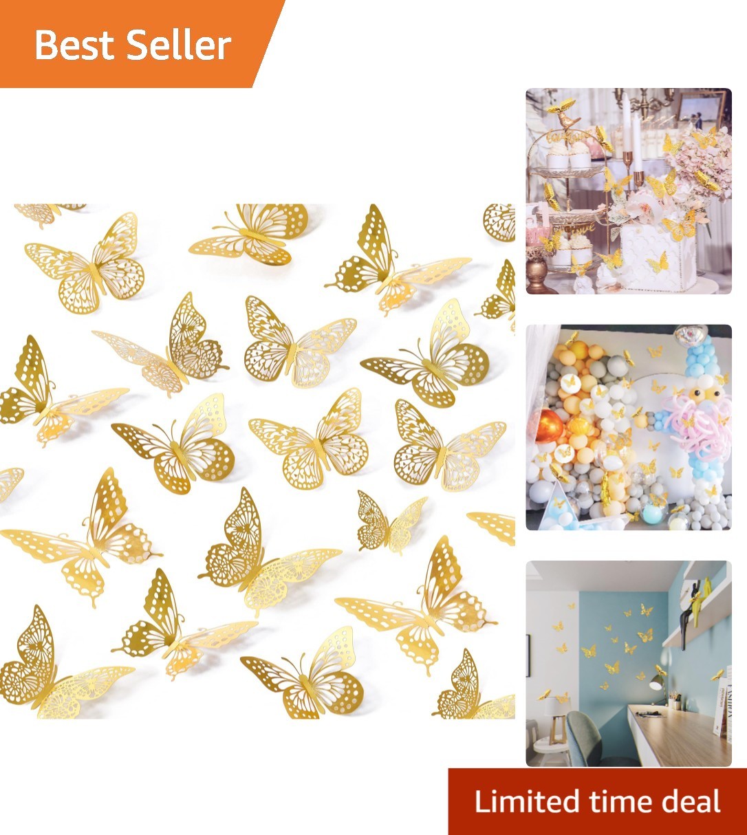 48 Pcs Removable Gold Butterfly Wall Stickers – 3D Decor for Parties & Nurseries