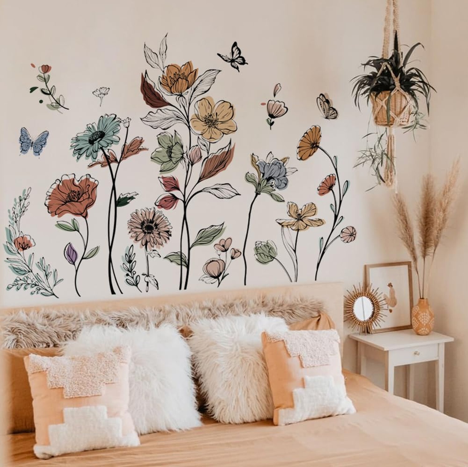 Runtoo Boho Flower Wall Decals Simple Wildflower Floral Wall Stickers for Gir…