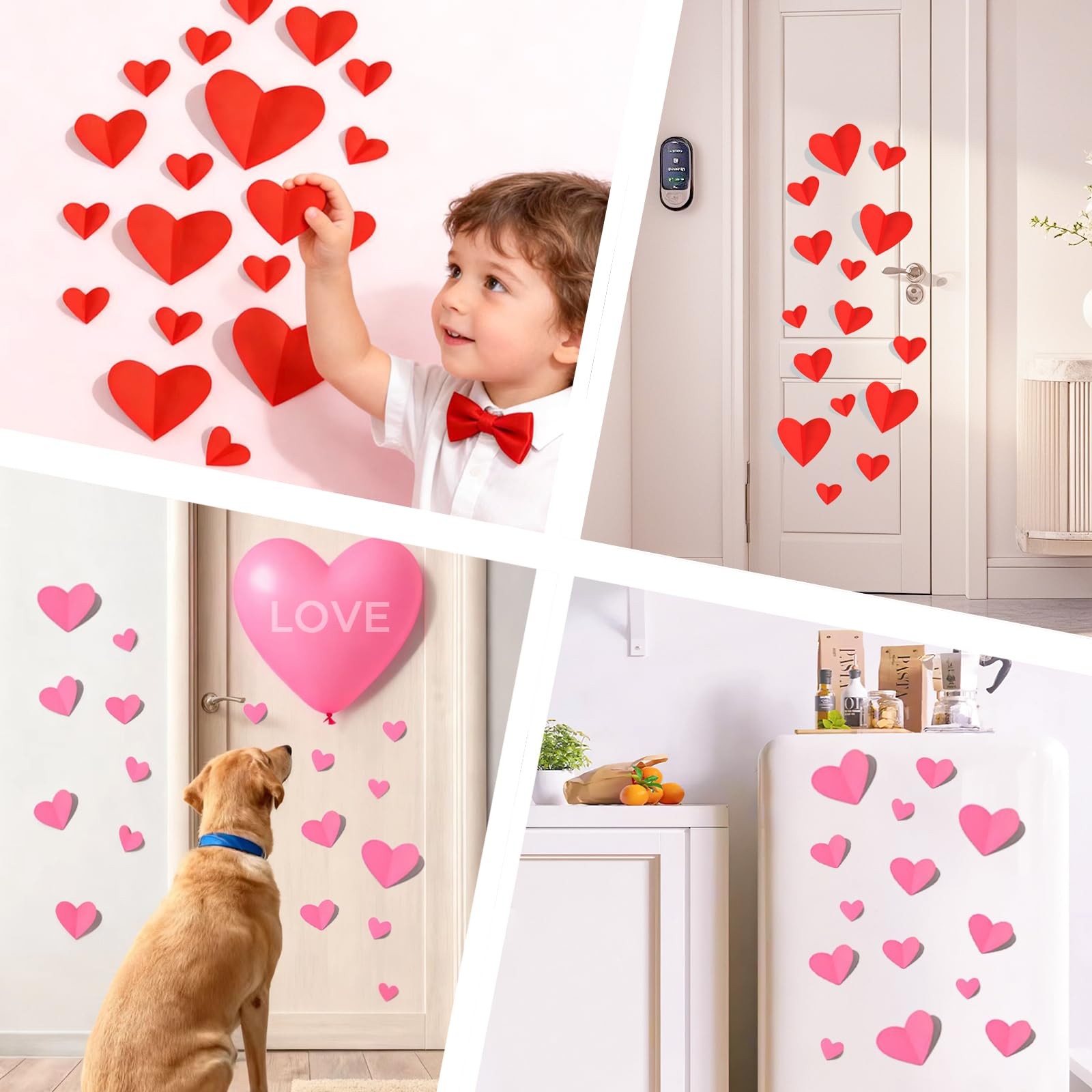 74 Pcs Valentine's Day Decoration, 3D Red and Pink Heart Valentine Wall Stick…