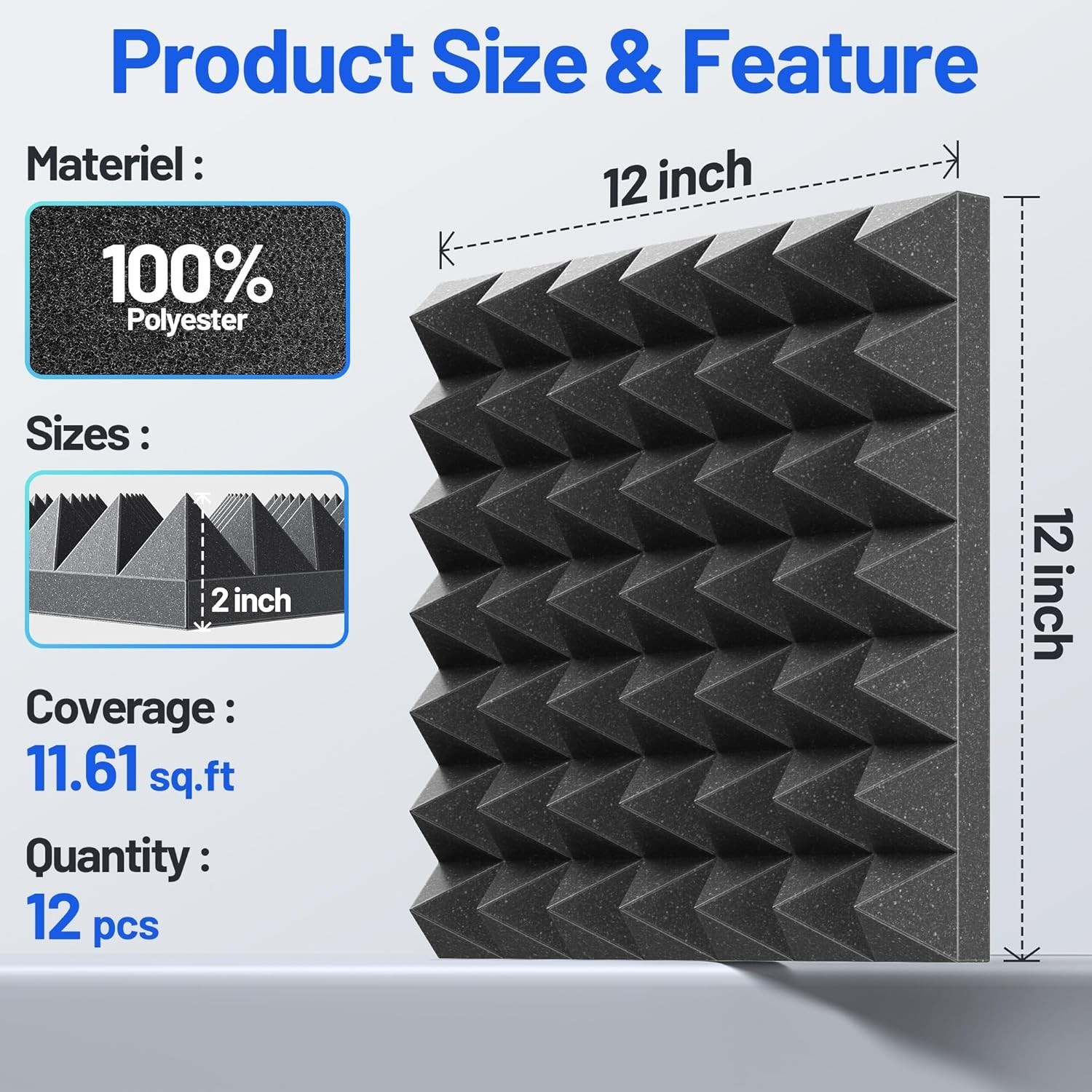 12 Black Pyramid Panels, Noise Reduction, Self-Adhesive High-Density Foam Wall P