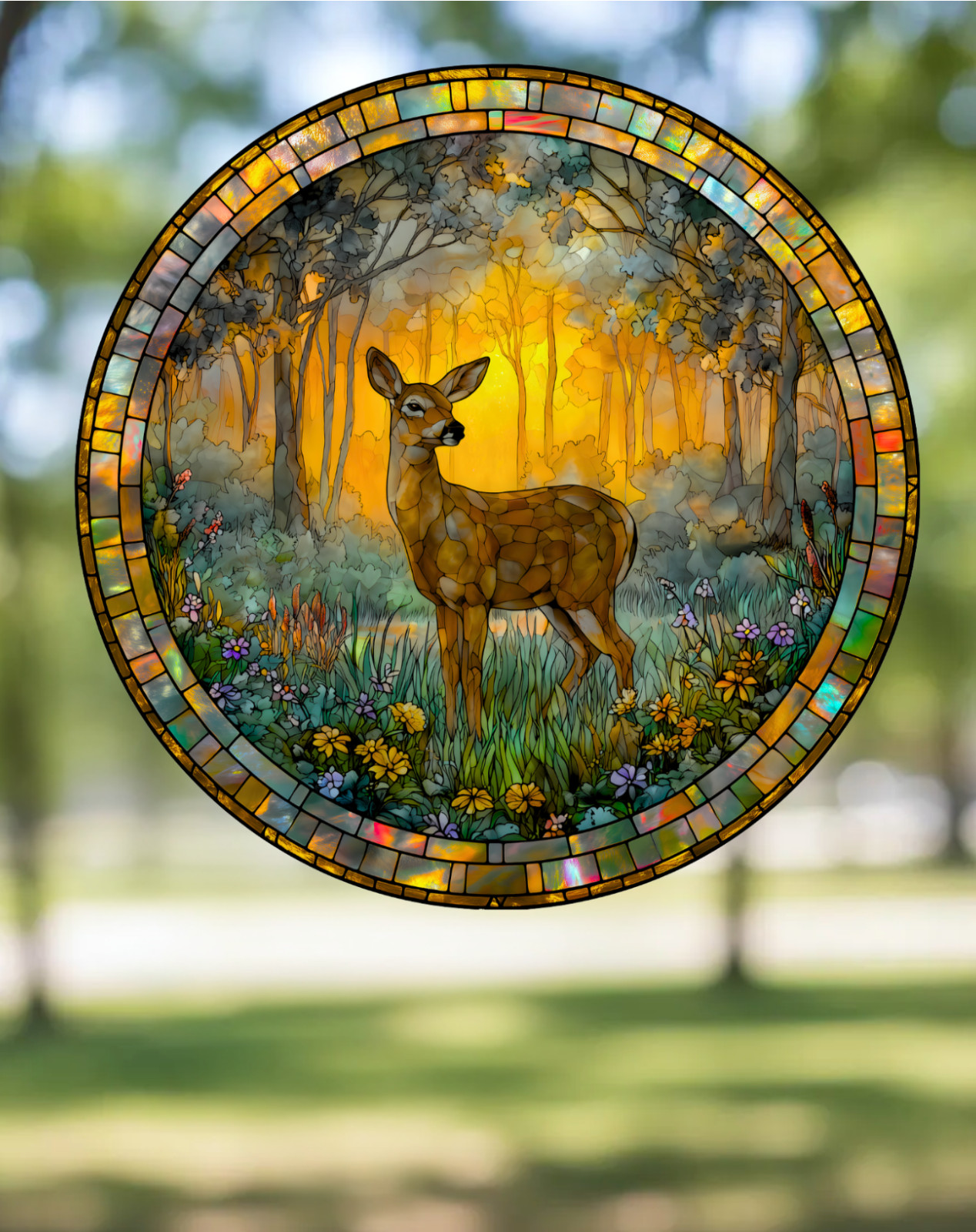 Deer Faux Stained-Glass WINDOW CLING Size 8" Round, Repositionable Vinyl