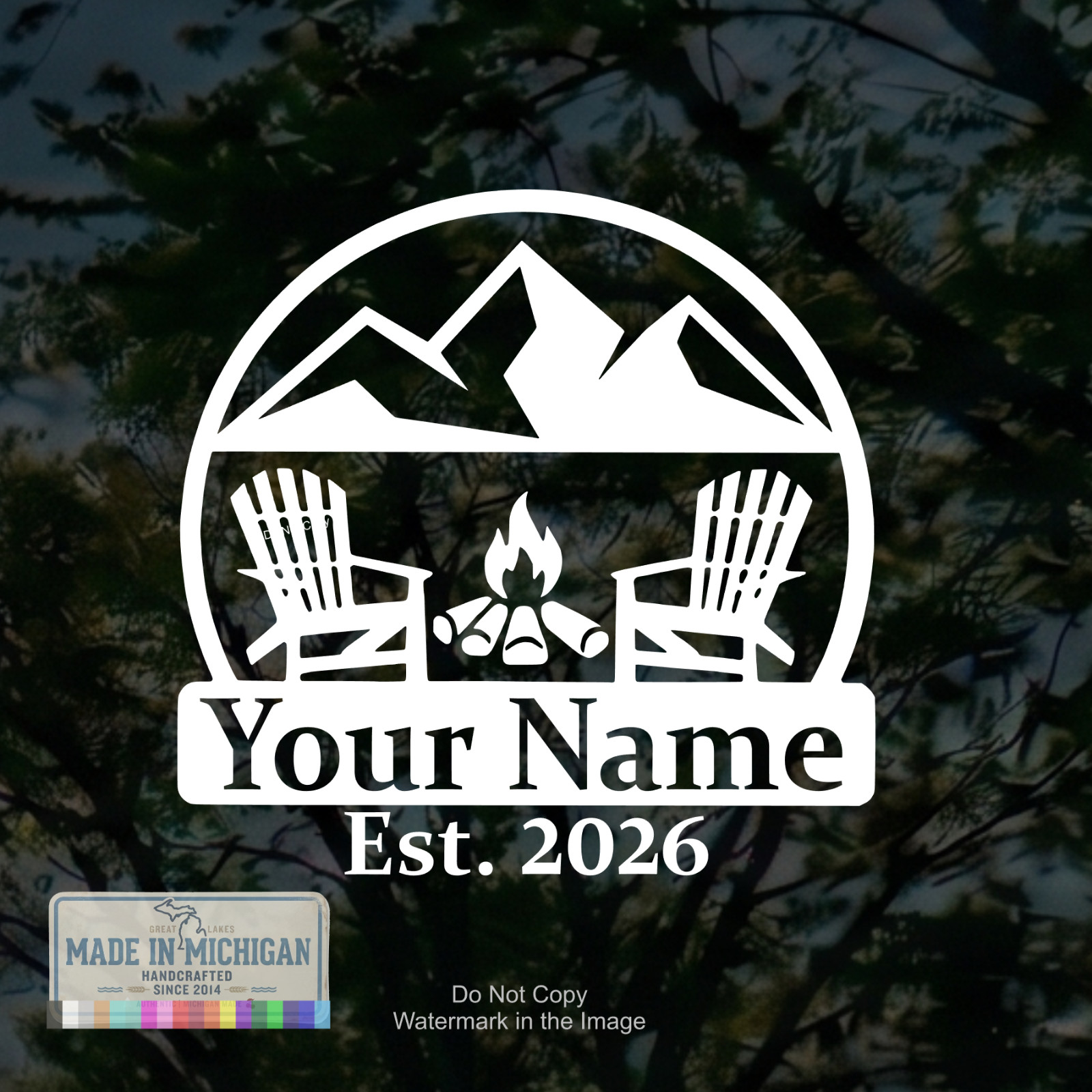 Personalized Mountain Campfire Vinyl Decal Custom Adirondack Chairs Camping Gift