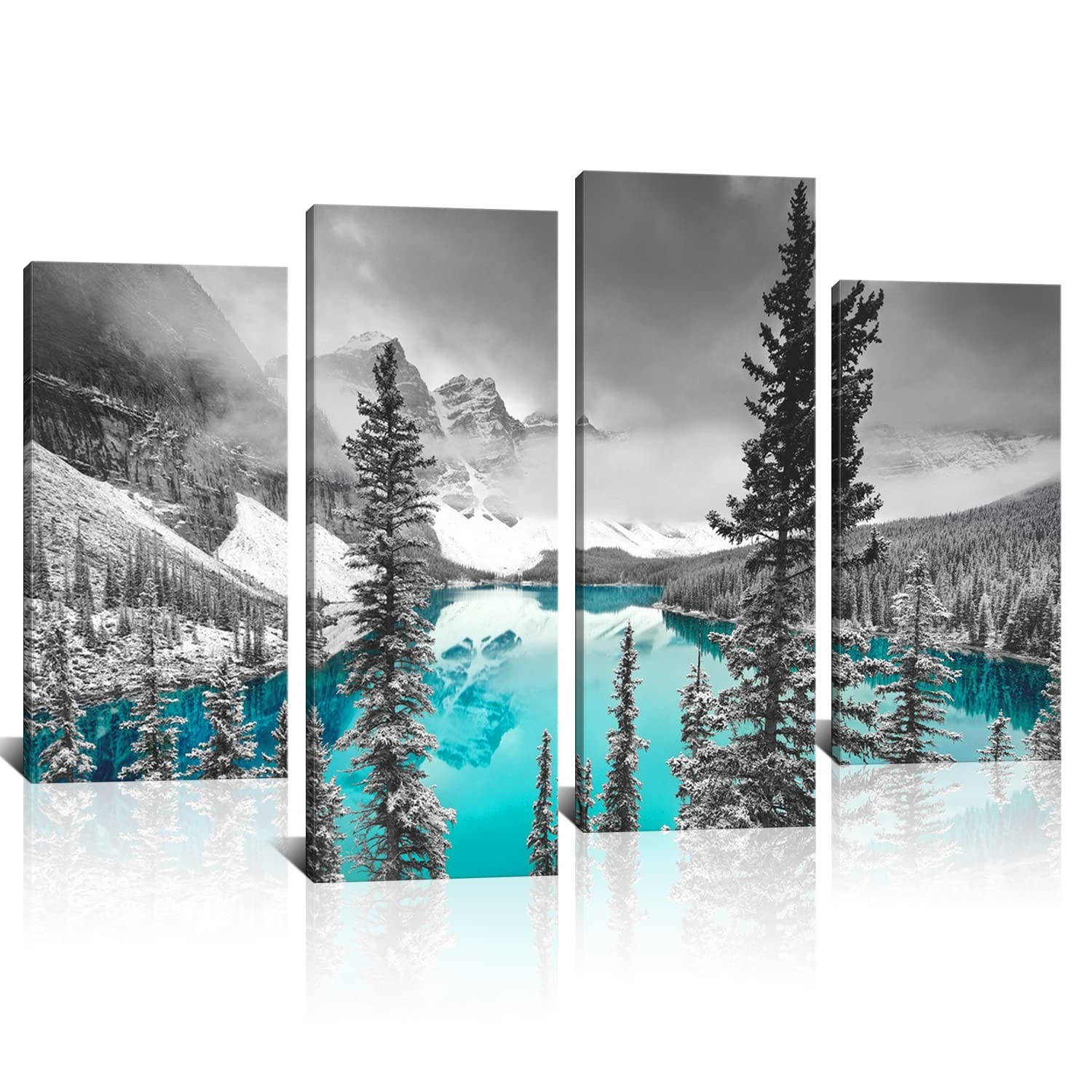 Derkymo 4 Pieces Teal Blue Moraine Lake Wall Art Black and White Canada Rocky…