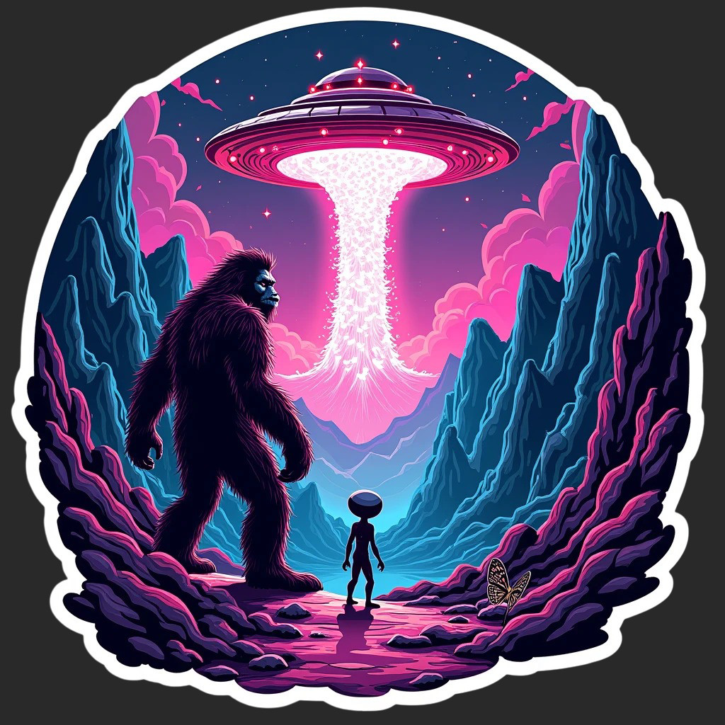 Bigfoot sticker vinyl decal vaporwave alien UFO neon beam psychedelic sci fi