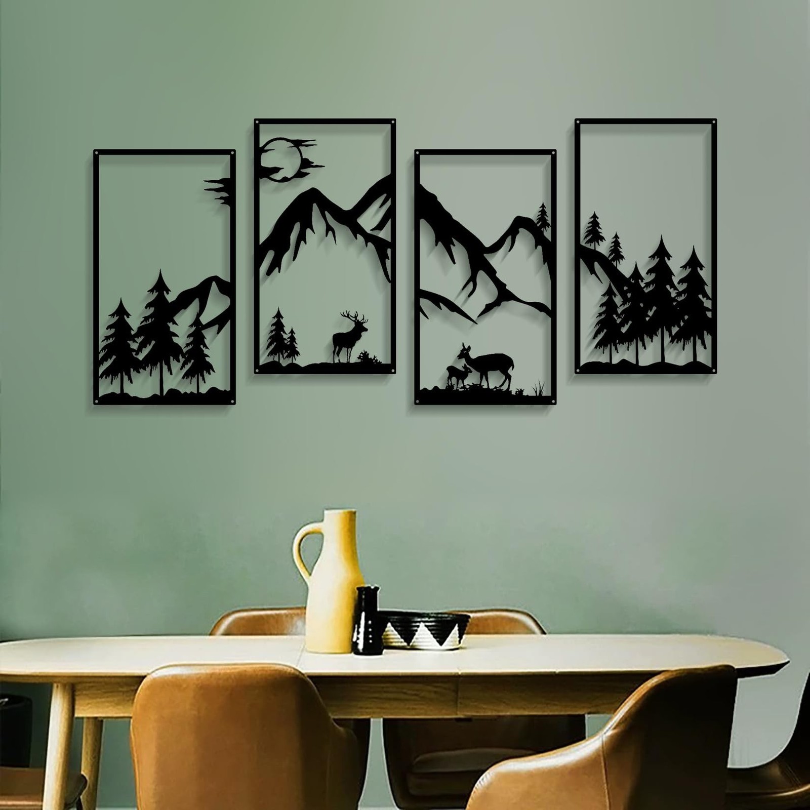 DUOOLN 4 Pcs Mountain Scene Metal Wall Decor, Black Line Drawing Wall Art, Ab…