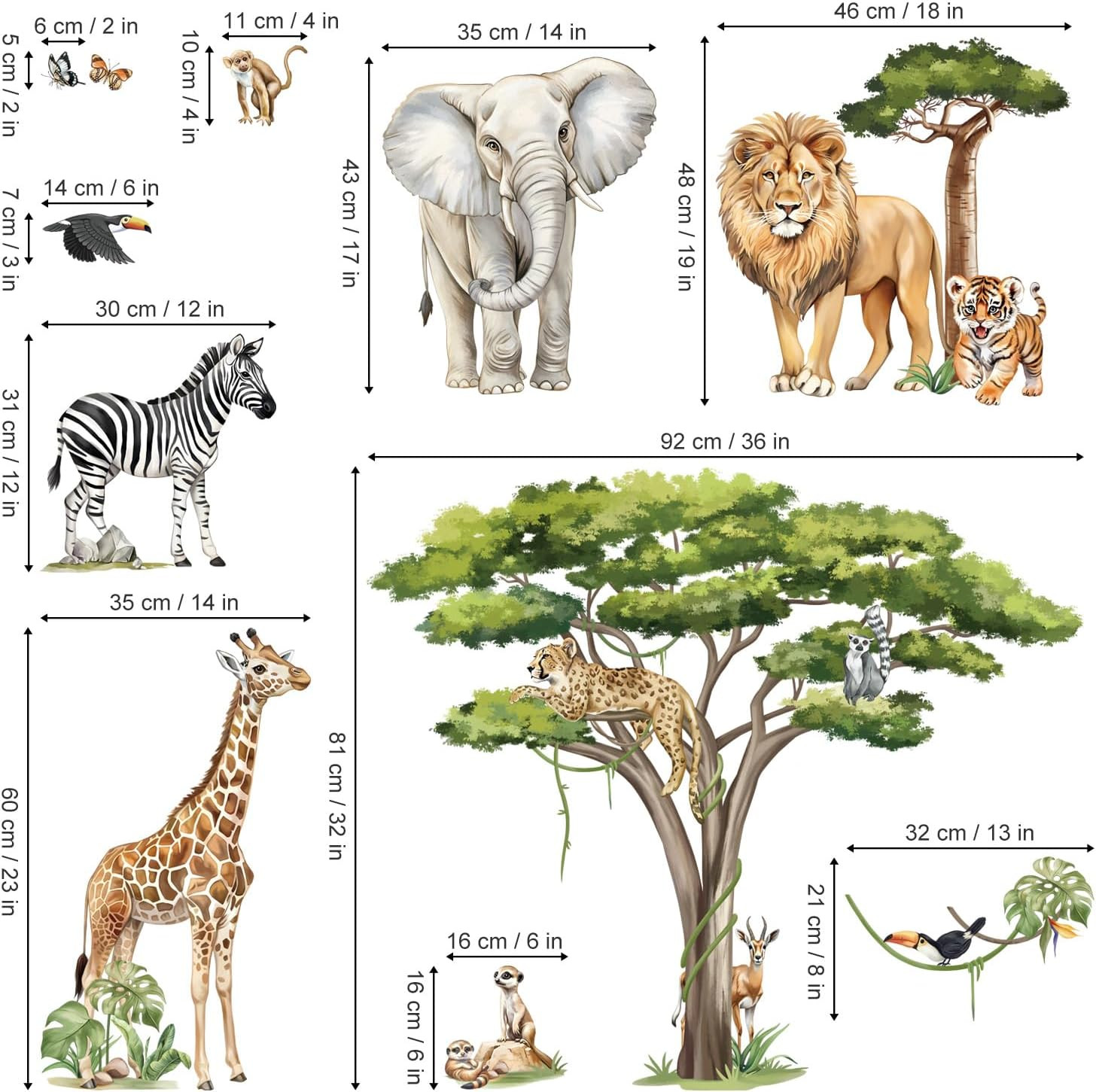 Large Safari Animals Tree Wall Stickers Jungle Animals Giraffe Elephant Lion Leo