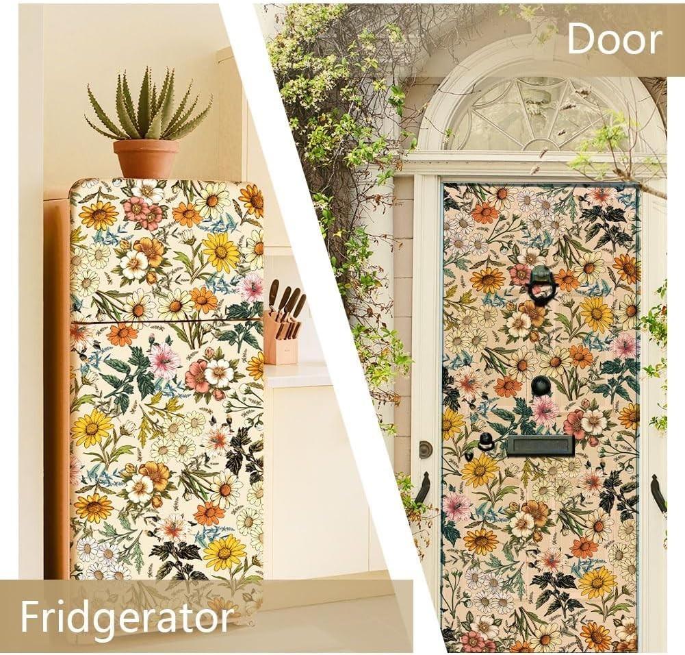 2 Pcs Retro Flower Removable Refrigerator Wraps, Self-Adhesive Fridge Sticker…