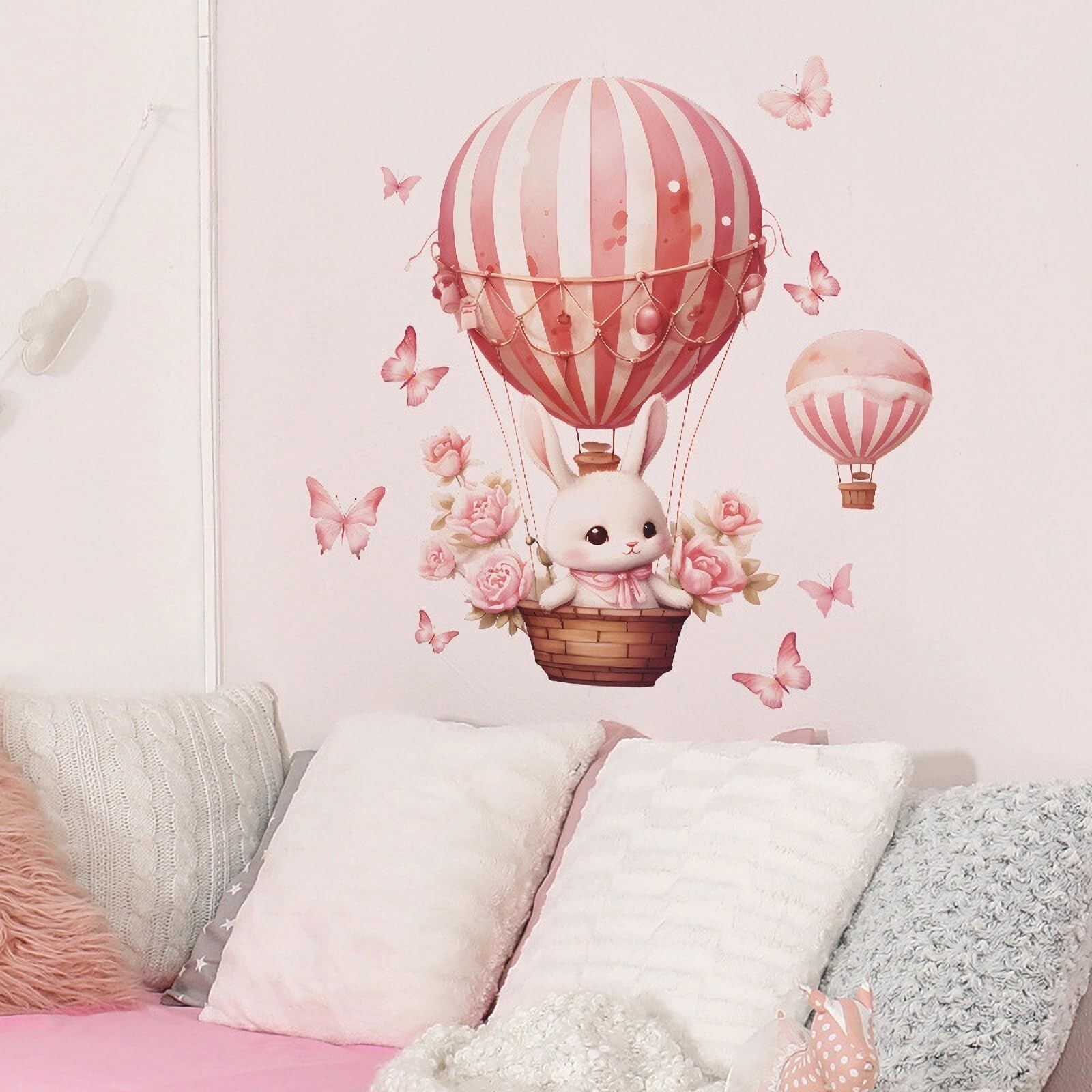 Pink Bunny Butterfly Rose Hot Air Balloon Wall Stickers, sacinora Cute Rabbit…