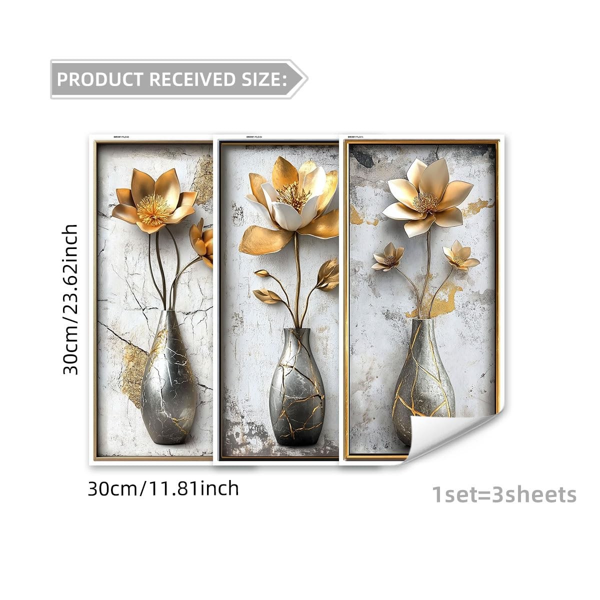 3D Flower Wall Art Stickers Gold Floral Vase Wall Decals Peel and Stick Livin…