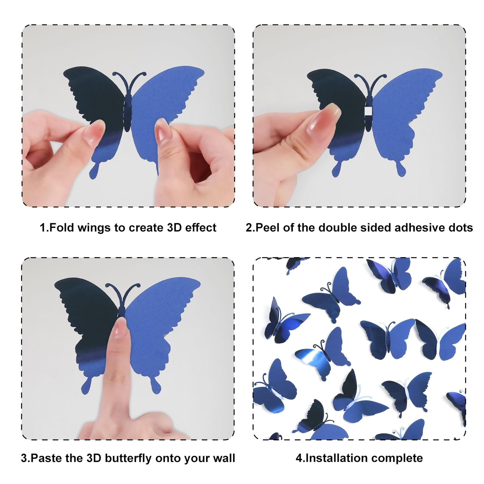 3D DIY Mirror Metallic Butterfly Wall Decor, Dark Blue, 48Pcs 4 Styles 3 Size…