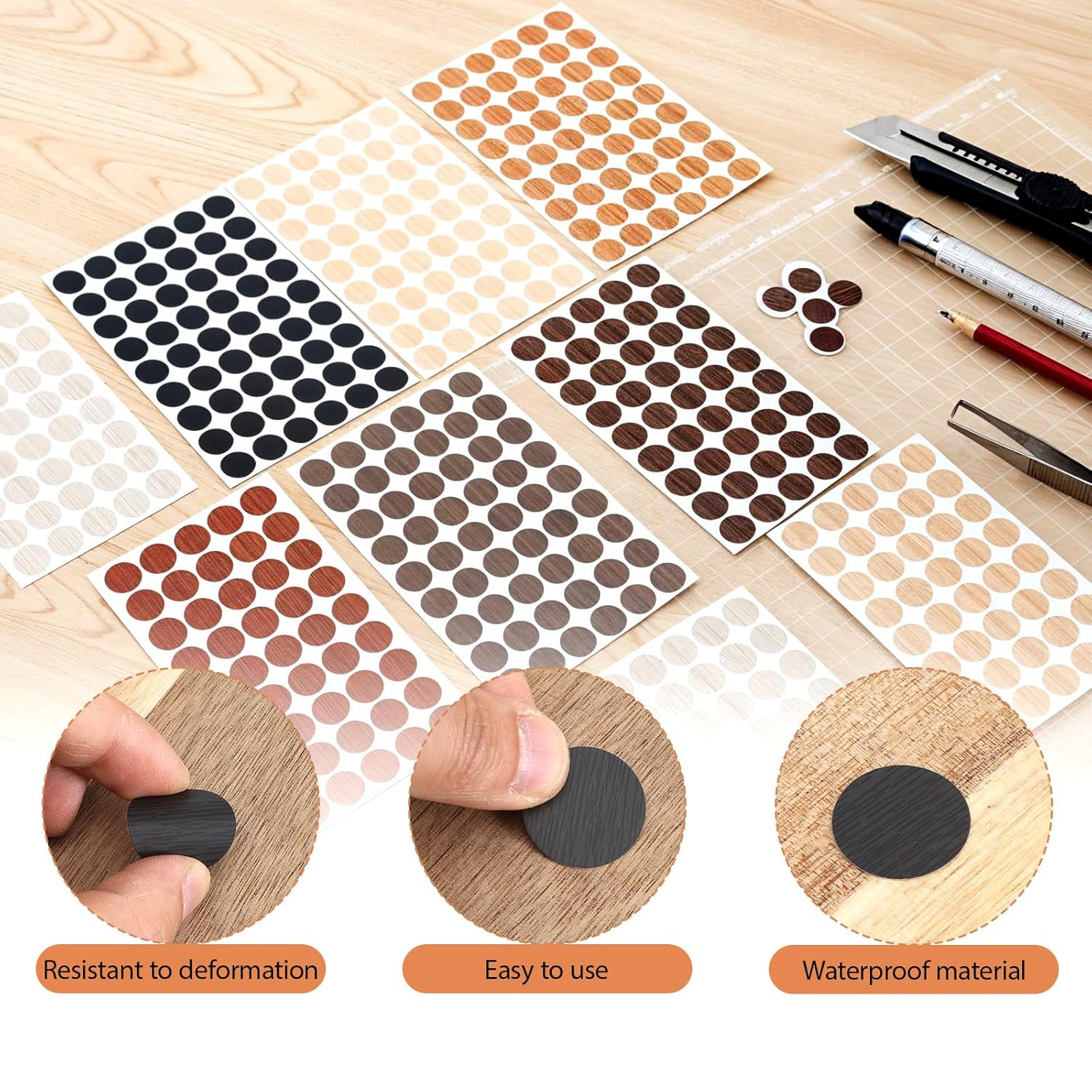 864 Pcs Wood Stickers for Furniture Adhesive 21Mm (0.83 Inches), Basic Color