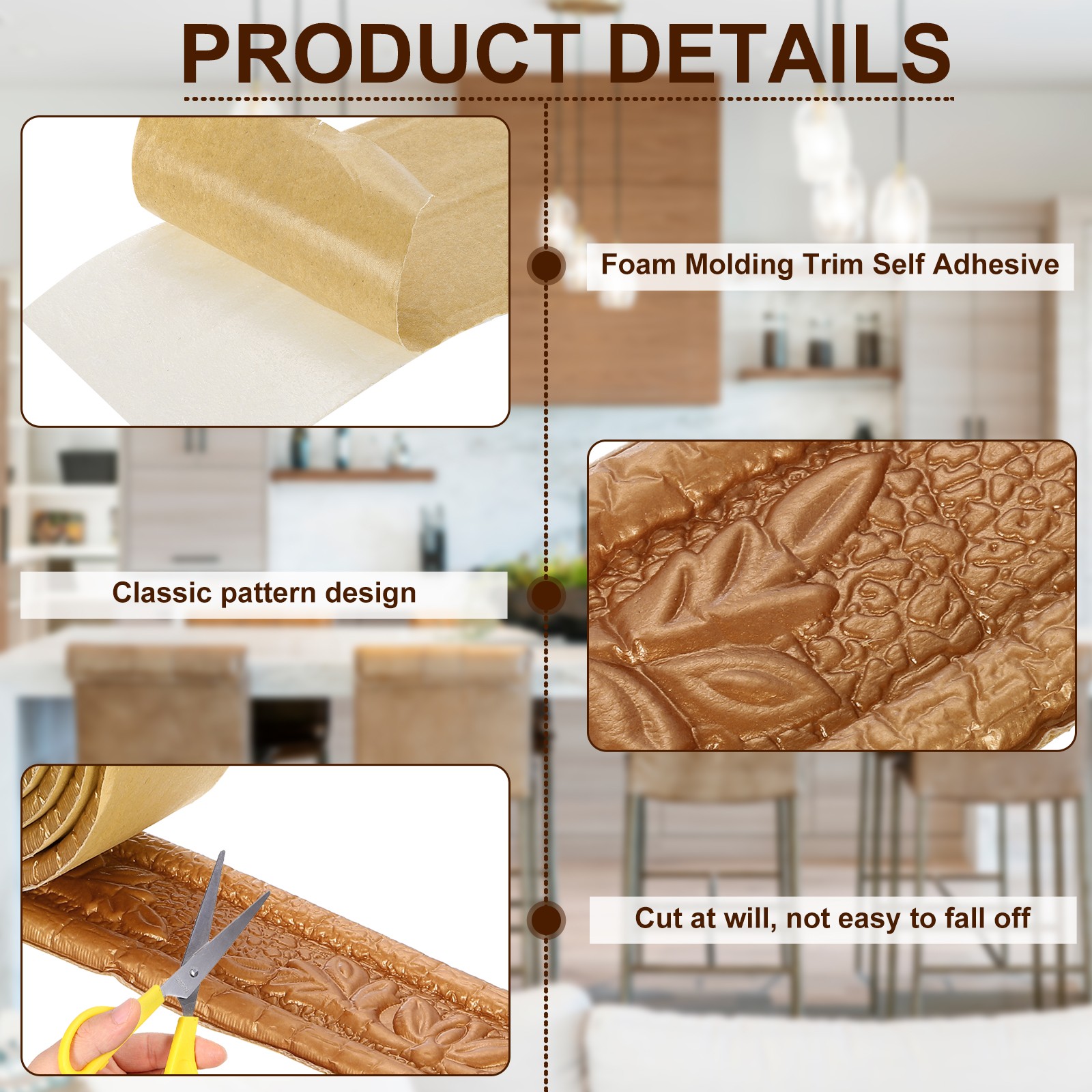 2Pcs Foam Molding Trim Self Adhesive, 1.6Inchx7.54ft Wallpaper Border, Copper