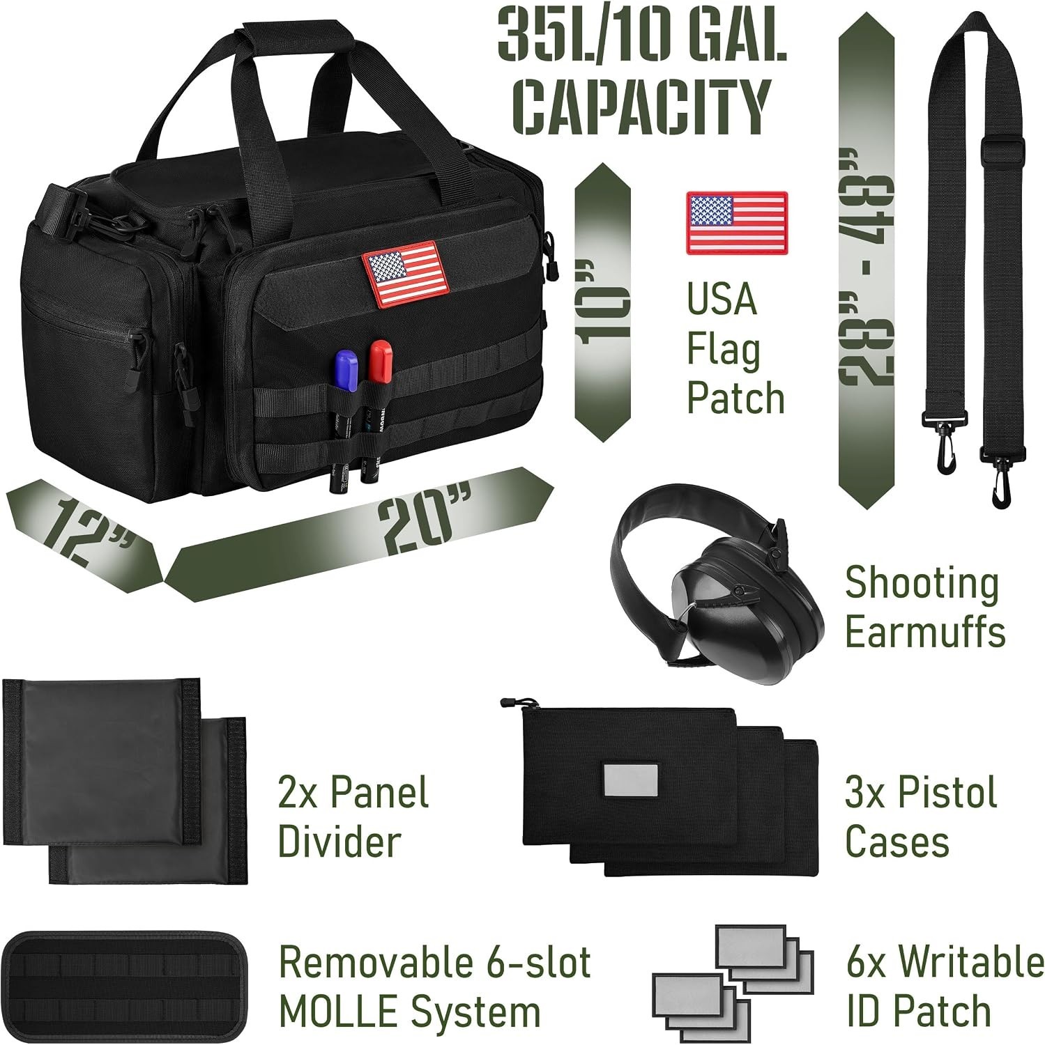 Gun Range Bag with 3 Pistol Cases, Removable MOLLE Organizer, Total 50 Storage U