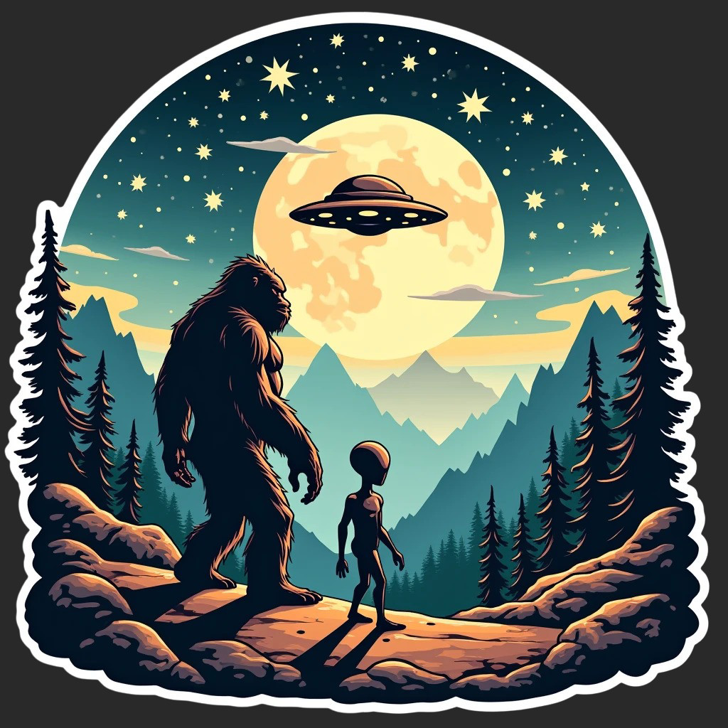 Bigfoot sticker vinyl decal alien UFO moon stars night forest cryptid art