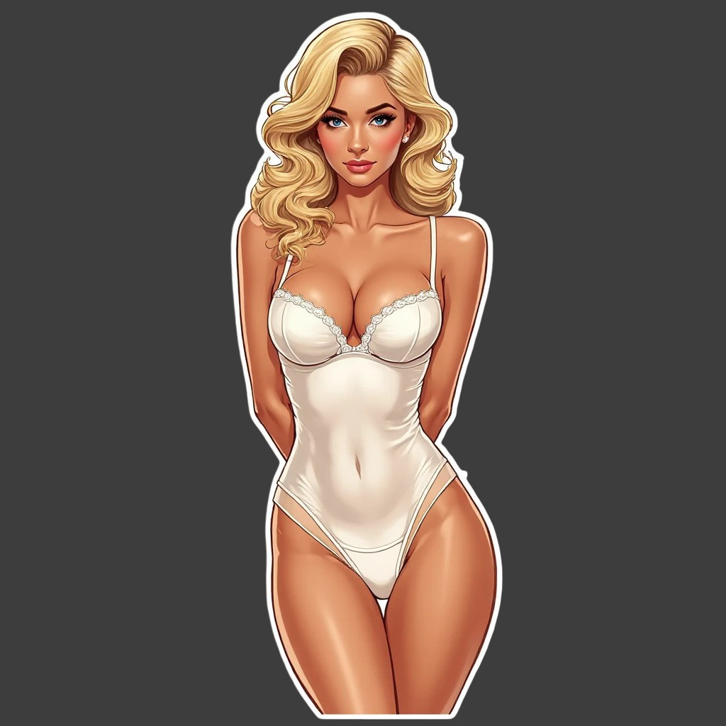 Pinup girl sticker vinyl decal lingerie white bikini body suit blonde cleavage