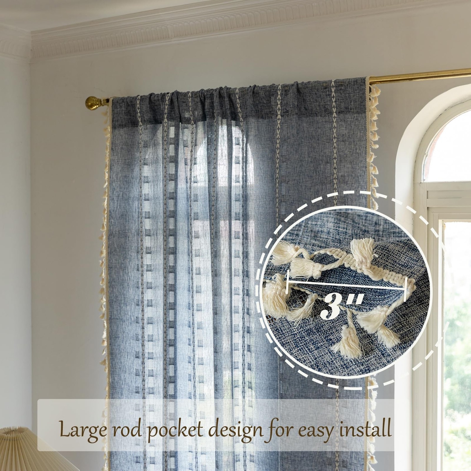 Denim Blue Boho Curtains 96 inch Long 2 Panels for Living Room Bedroom, Rusti…