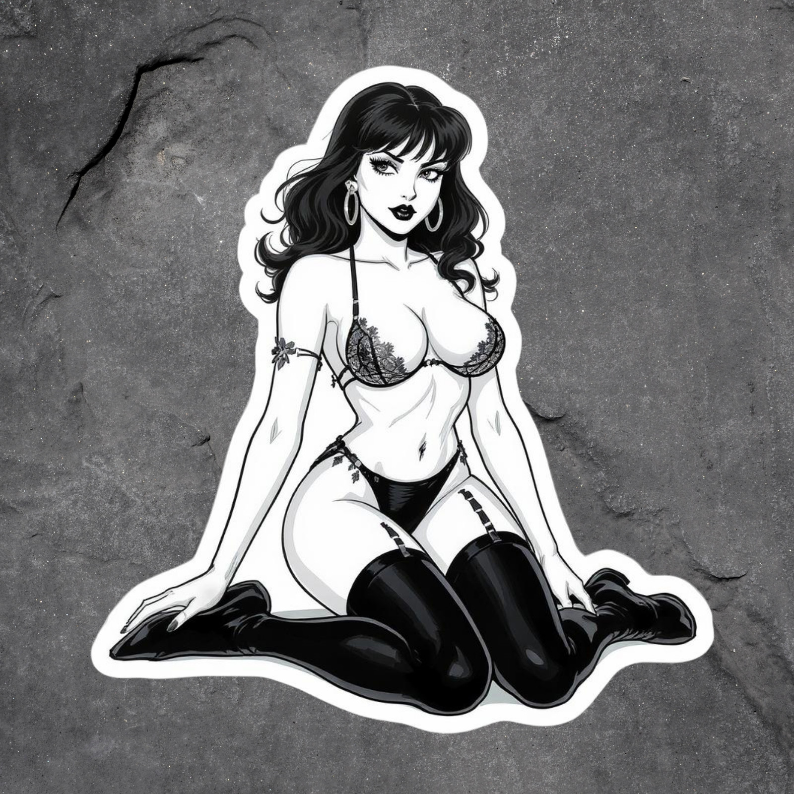 Pinup girl sticker vinyl decal lingerie kneeling goth black and white