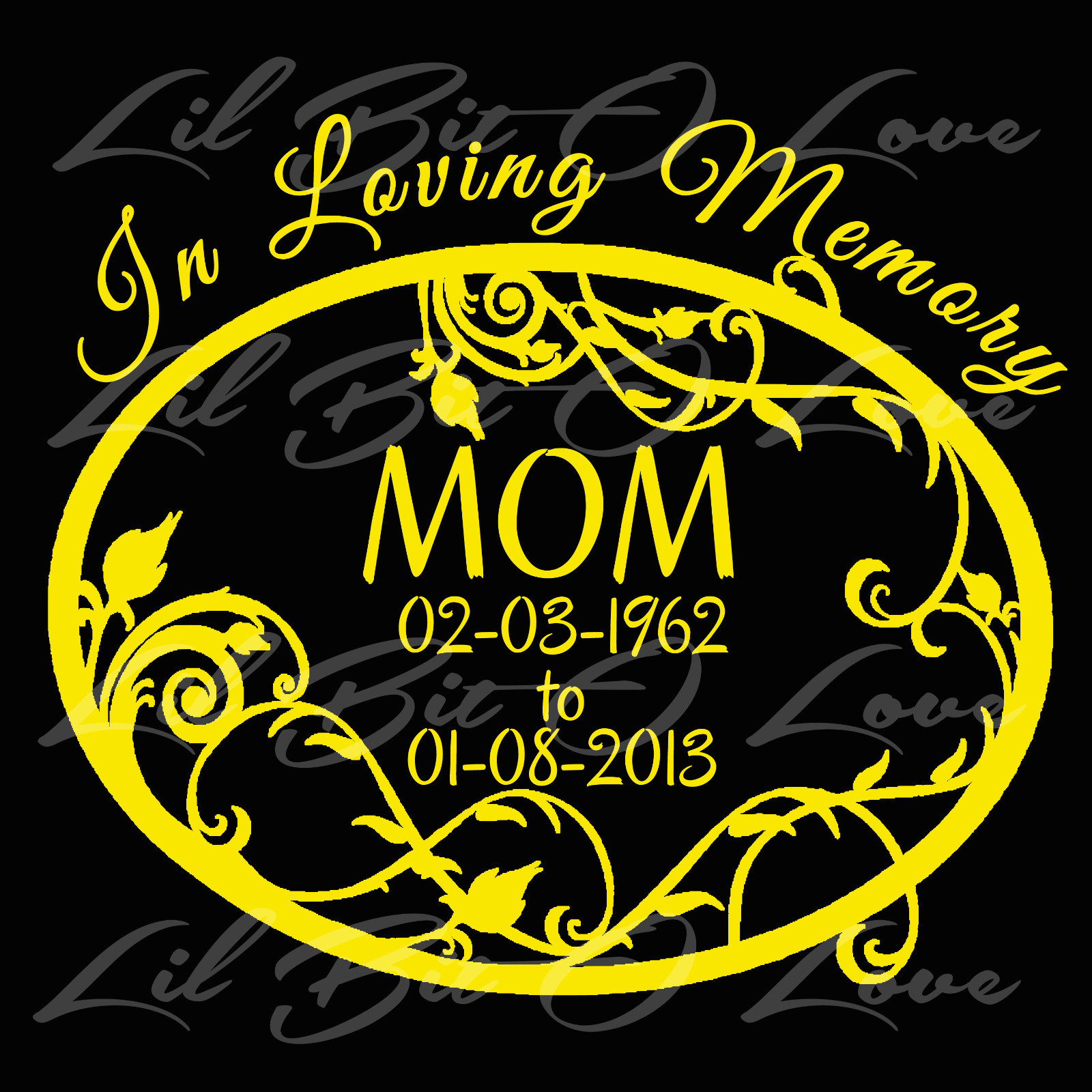 PERSONALIZED IN LOVING MEMORY VINYL DECAL WITH FILIGREE OVAL & NAMES AND DATES