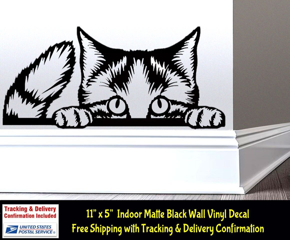 Peeking Cat w/ Tail 11" x 5" Indoor Matte Black Vinyl Decal Walls Door Cupboard