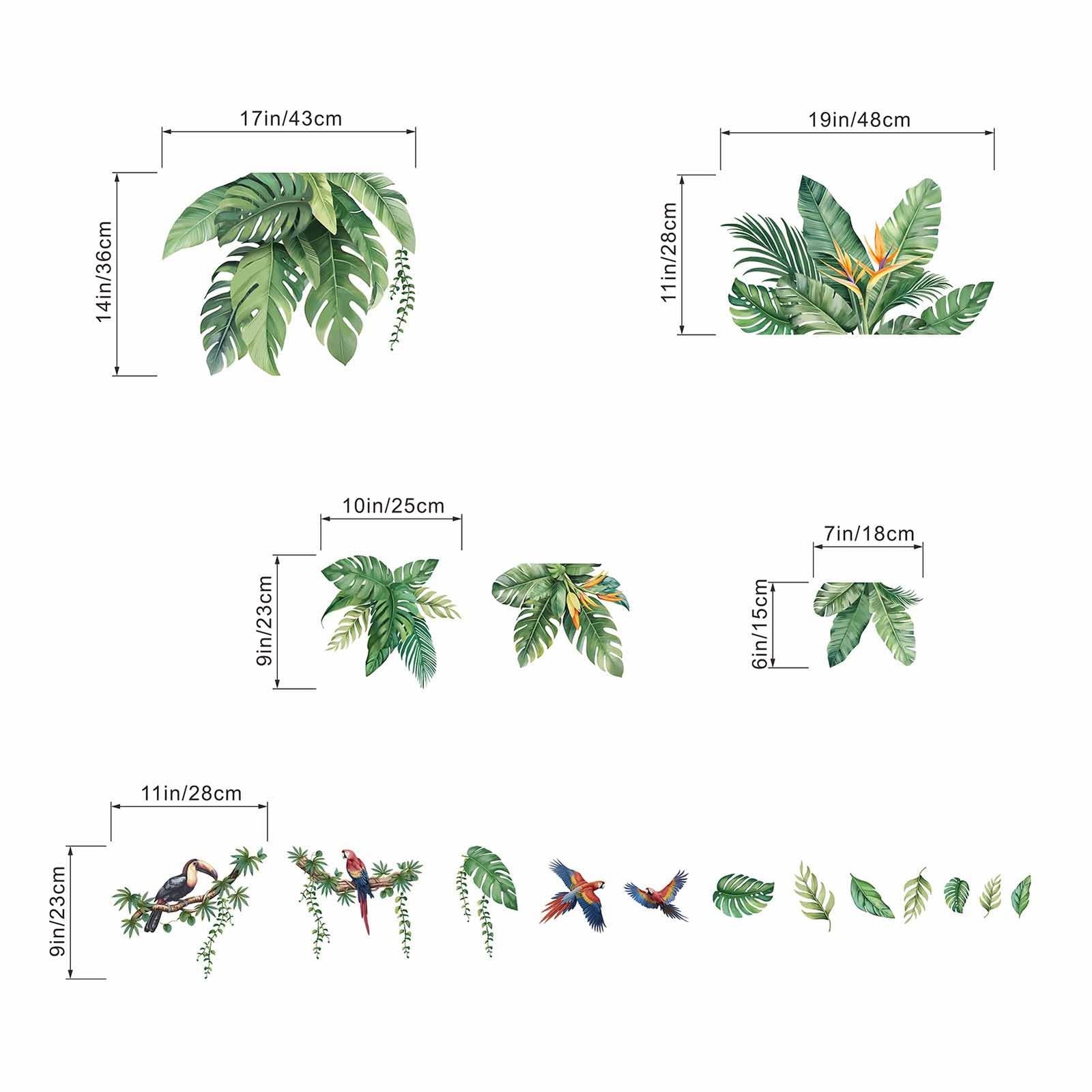 Leaves Wall Stickers for Living Room: Peel and Stick Tropical Plant Green Han…