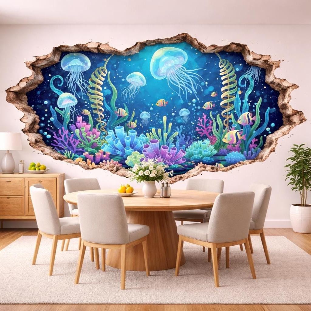 3D Underwater Wall Vinyl Decal | Jellyfish Coral Reef Broken Wall Illusion