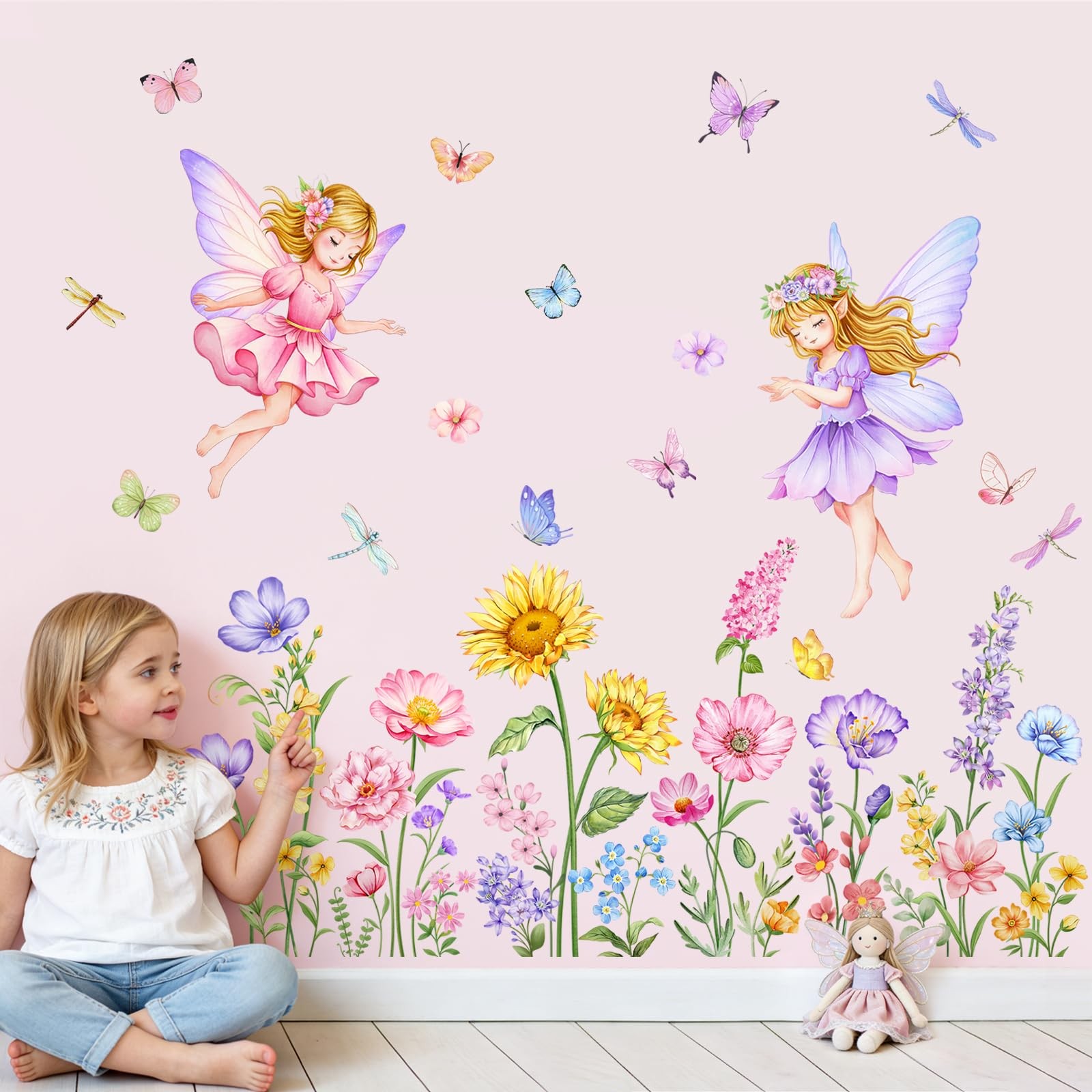 Flower Fairy Wall Decals Flying Elves Garden Floral Butterflies Wall Art Stic…