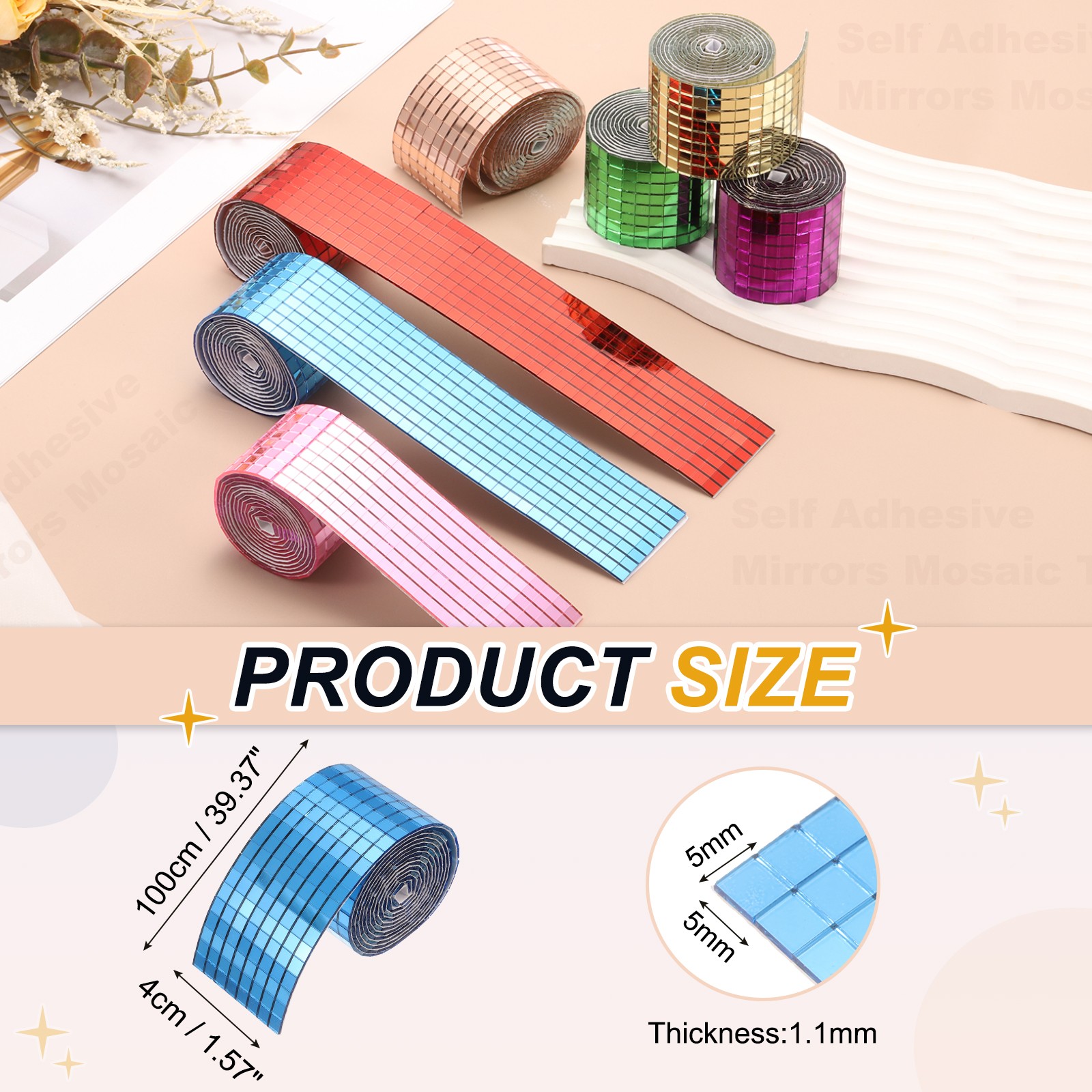 5x5mm Self Adhesive Mirrors Mosaic Tiles, 3200 Pcs Mosaic Sticker, Light Blue