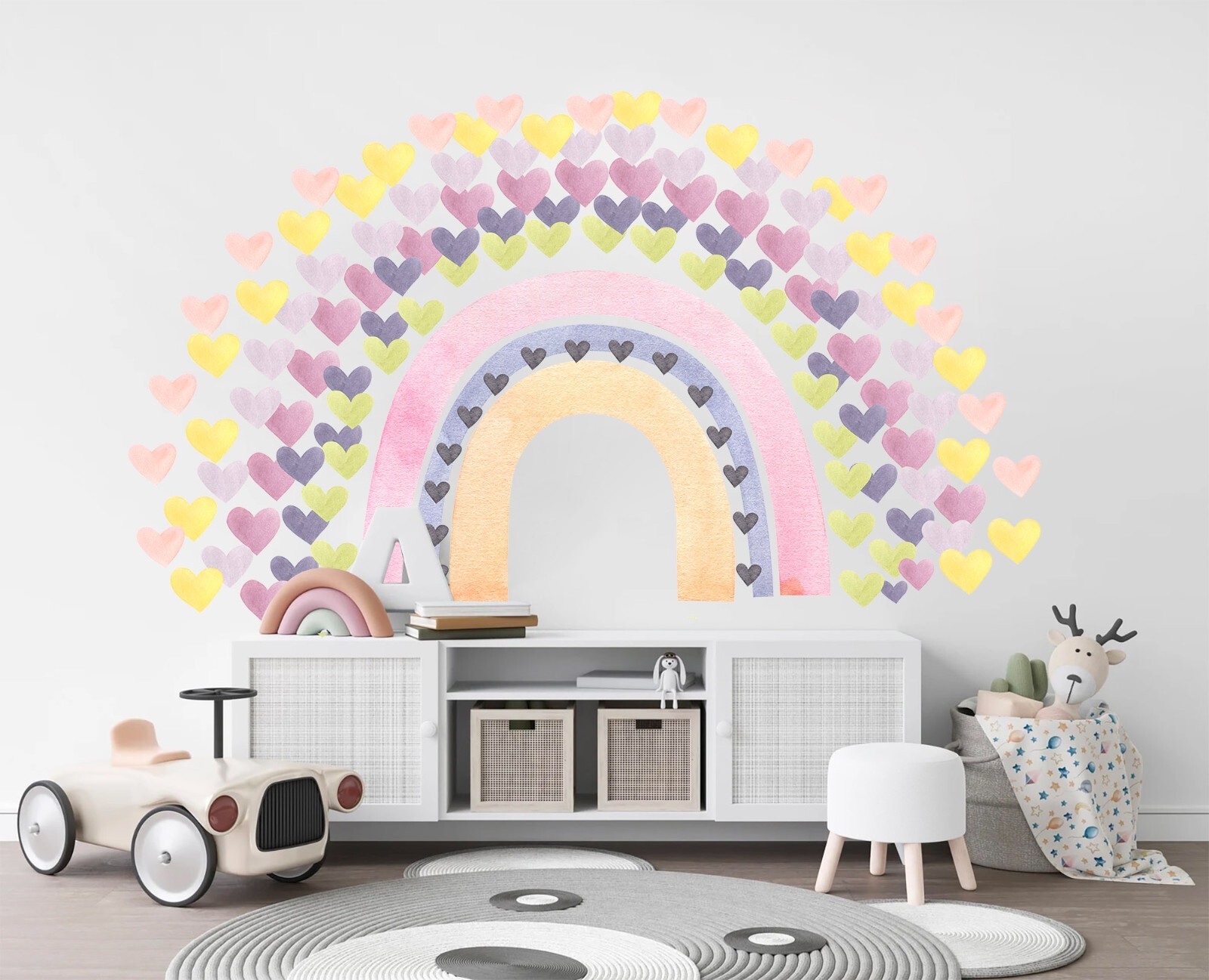 Watercolor Rainbow Love Heart Removable Wall Fabric Girl Room Decal Set Sticker
