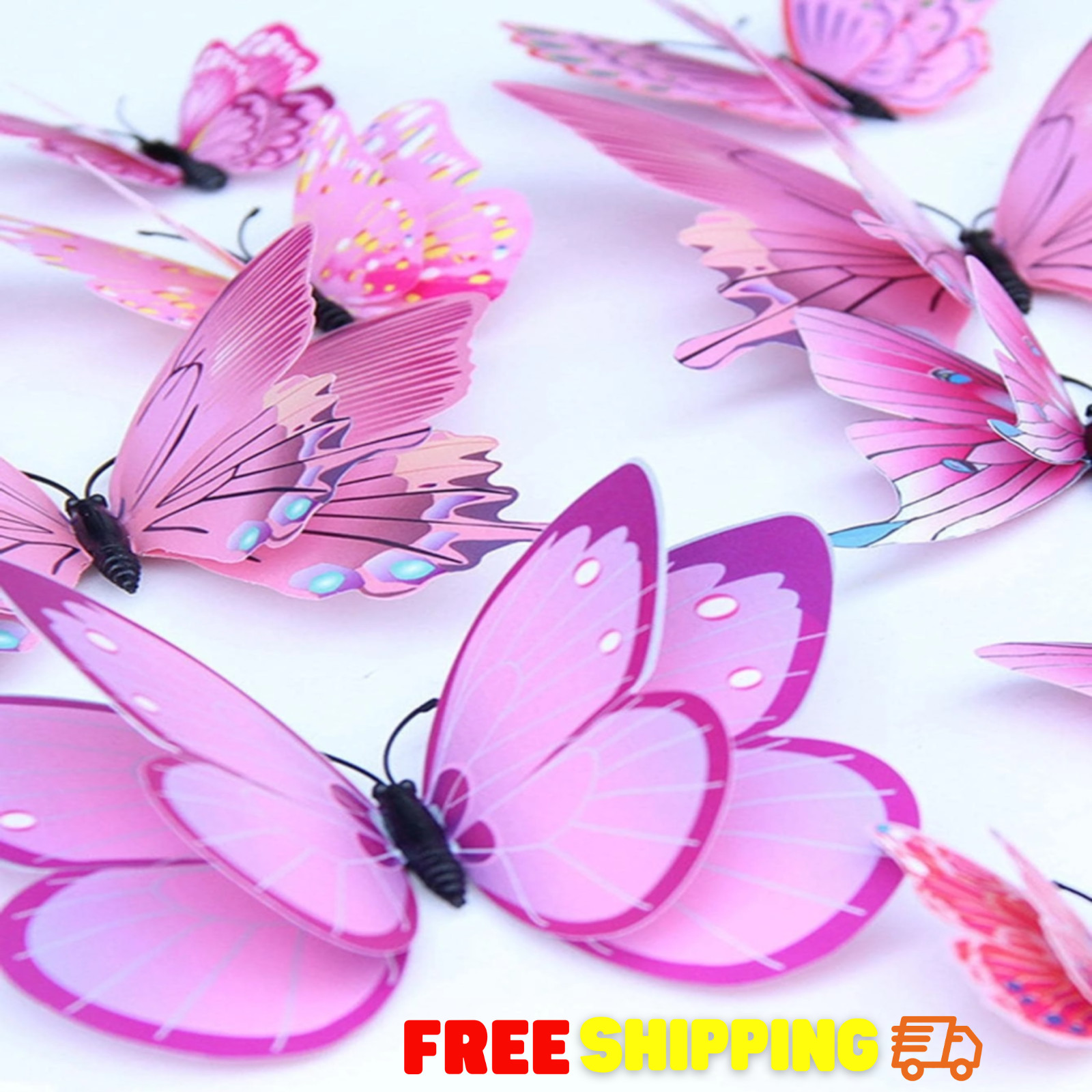 3D Butterfly Wall Stickers 12pc Pink PVC Magnet Decals Double Layer Bedroom Home