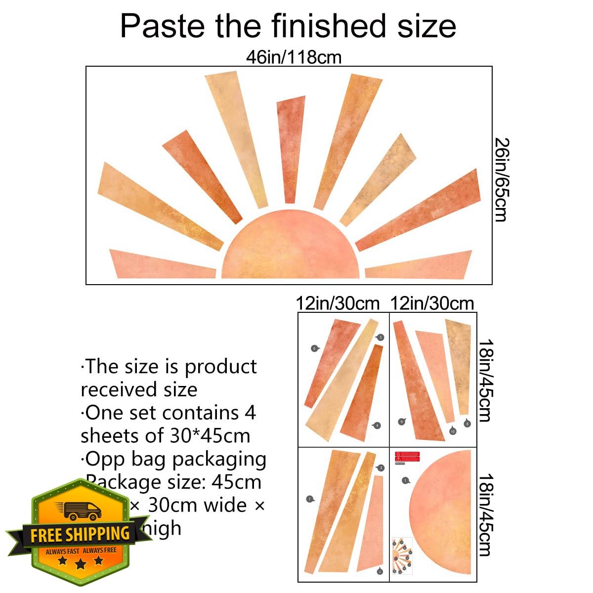 DTLIFEK Half Sun Wall Decals 46×26 Inch