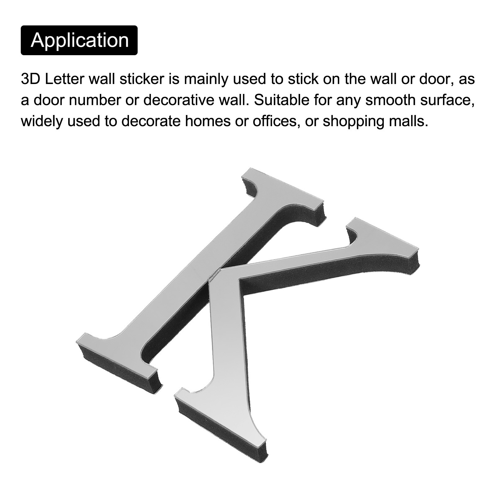 3D Acrylic Alphabet Mirror Wall Sticker Letter K Self-Adhesive Silver Tone