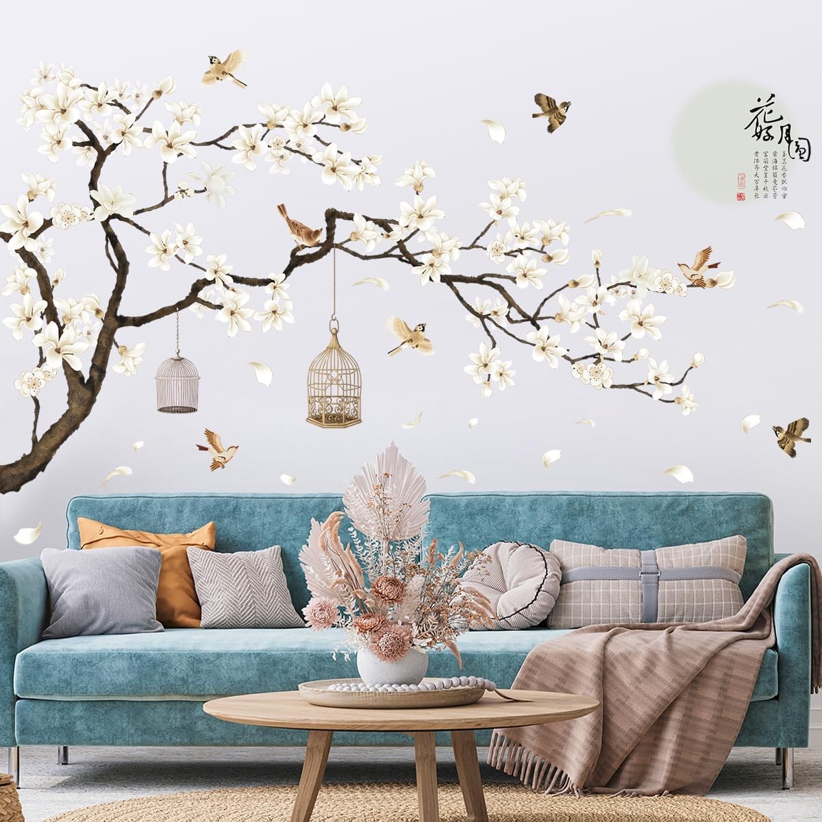 Chinese Style Wall Decals White Flowers Black Tree & Birds, Removable DIY Wall