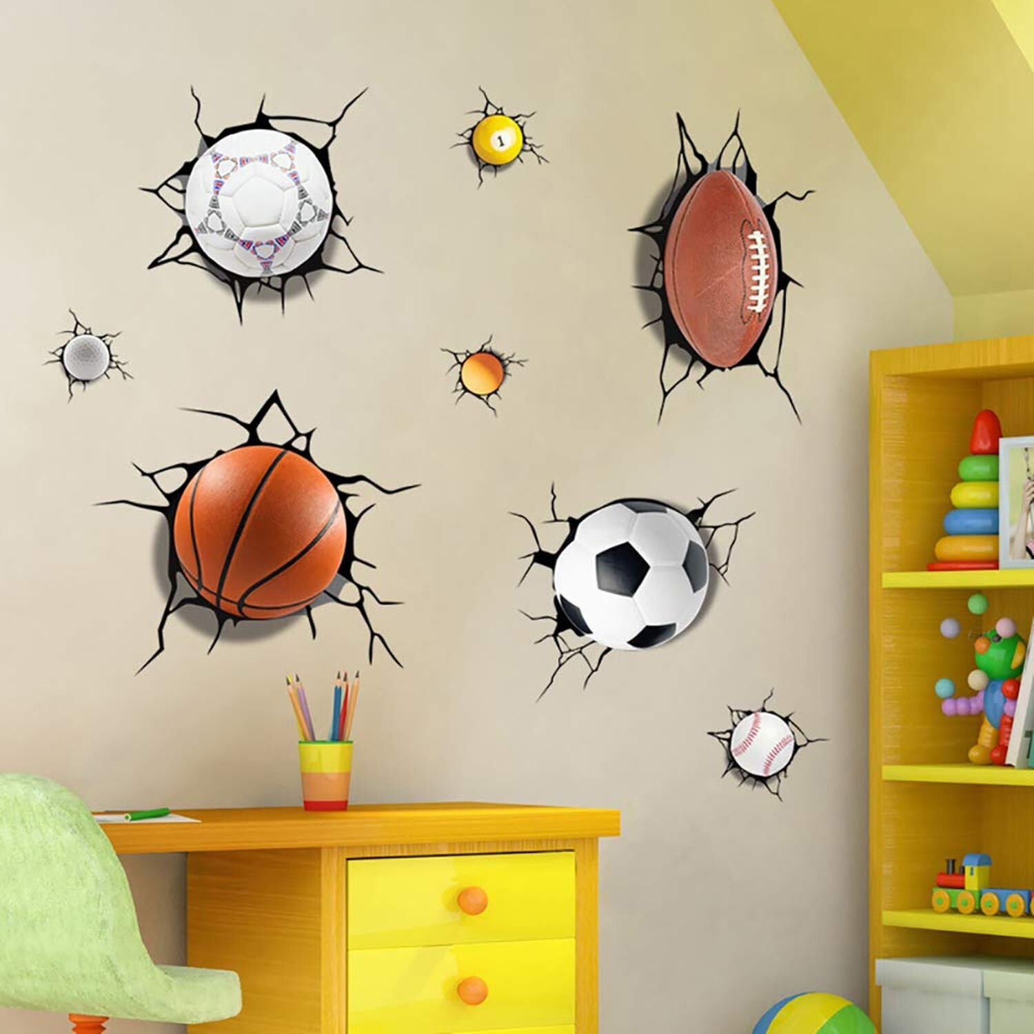 Supzone Sport Balls Wall Decals 3D Wall Stickers Break Through The Wall Remov…
