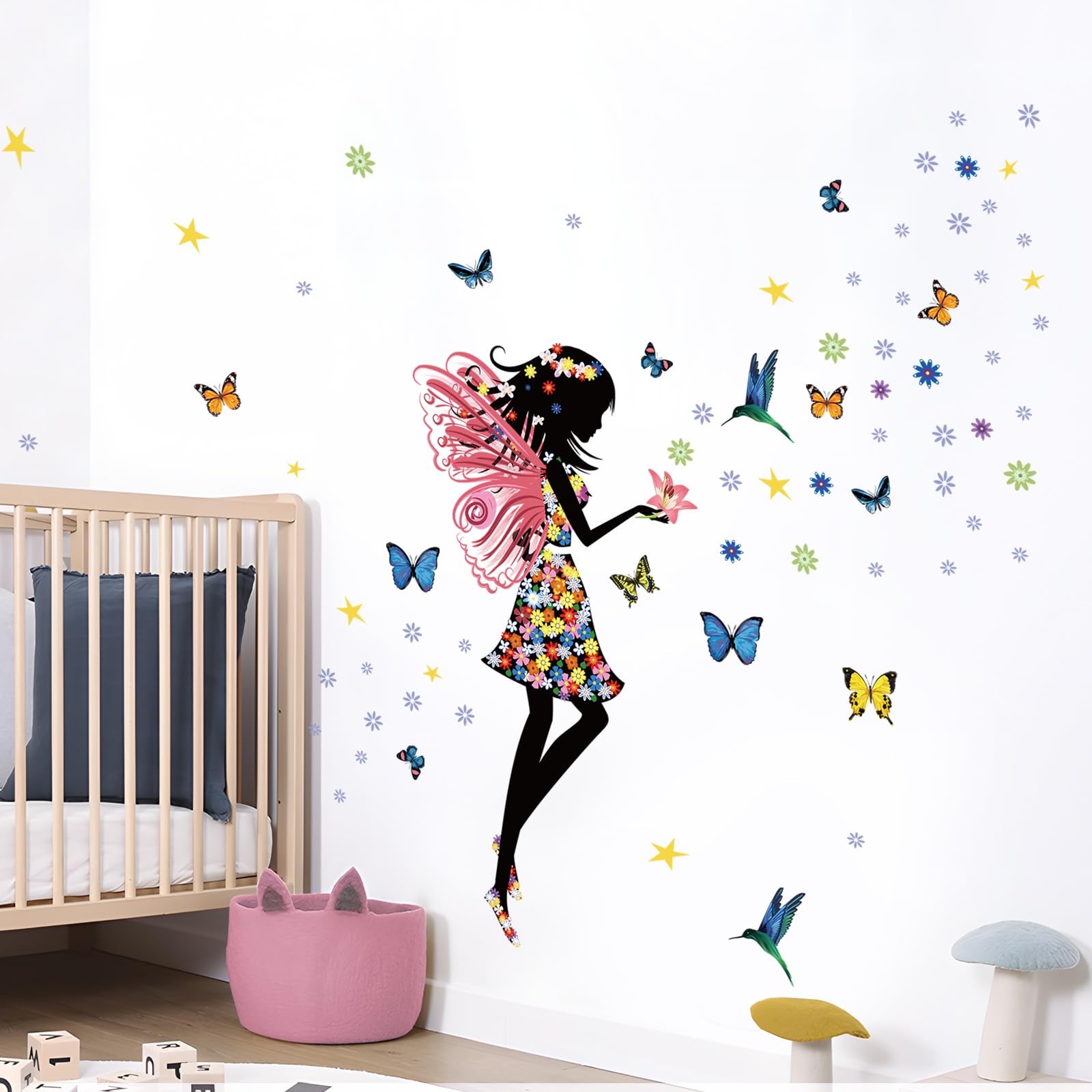 Butterfly Girl Wall Sticker – Colorful Fairy Wall Decal, Floral DIY Removable…