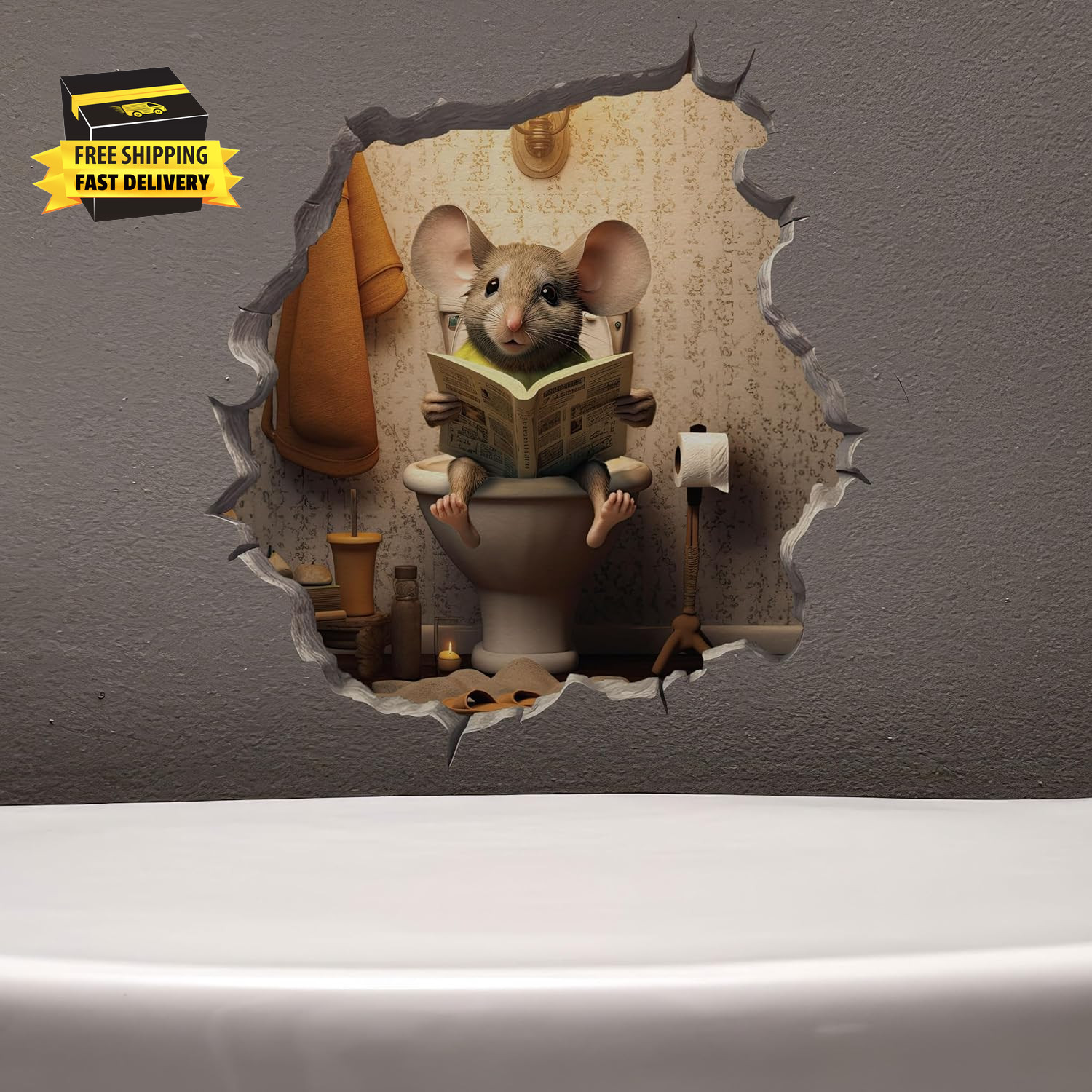 Mouse Sitting on Toilet in Mouse Hole Decal – Mouse Hole Sticker with 3D Effect