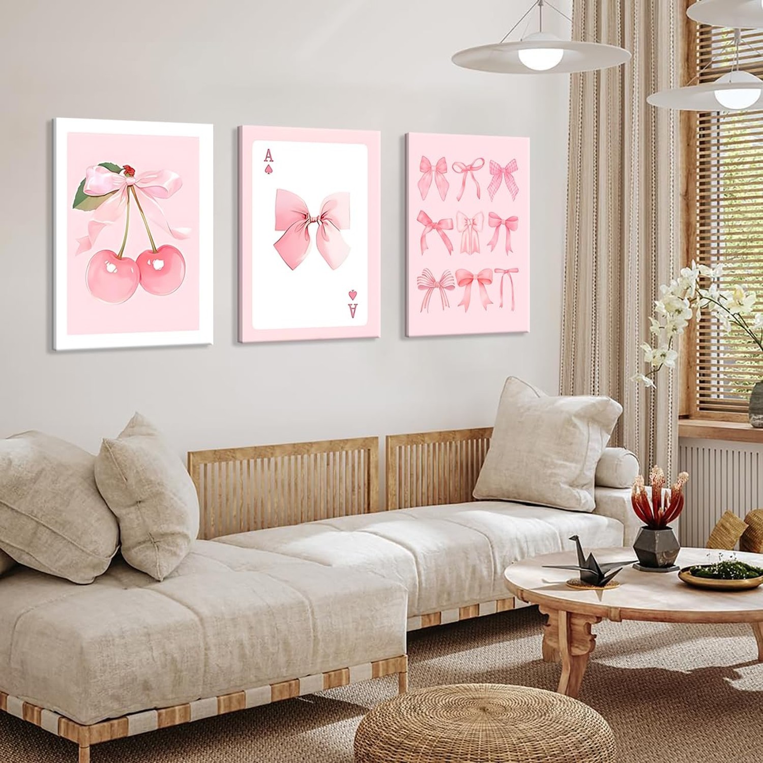 Coquette Pink Bow Canvas Wall Art Set of 3, Cherry Bow Posters Prints for Bed…