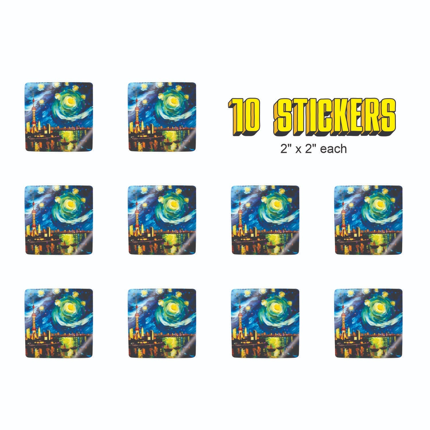Starry Night at the Shanghai Skyline Oriental Pearl Tower Stickers !! Van Gogh