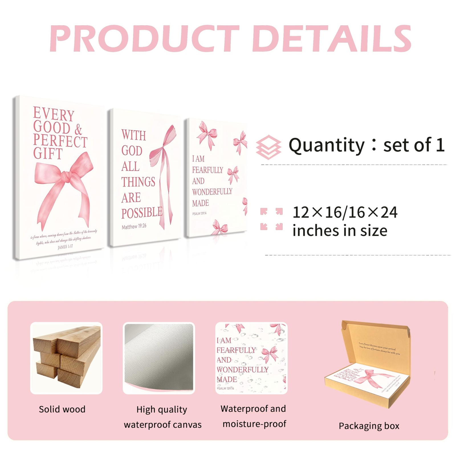 Goipwss 3 Piece Pink Bows Decor for Girls Room, Pink Pictures Bathroom Decor,…