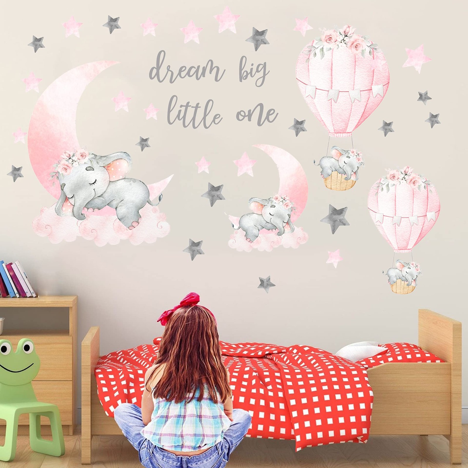 Dream Big Little One Elephant Wall Stickers, Pink Moon Hot Air Balloon Grey Star