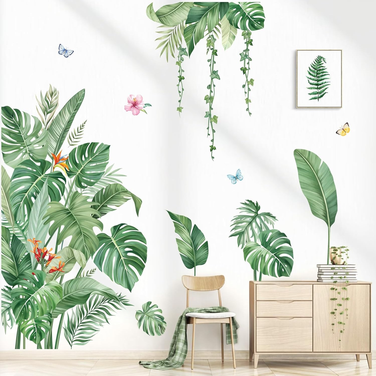 Large Green Leaves Wall Decals Tropical Palm Leaf Plant Wall Stickers for Living