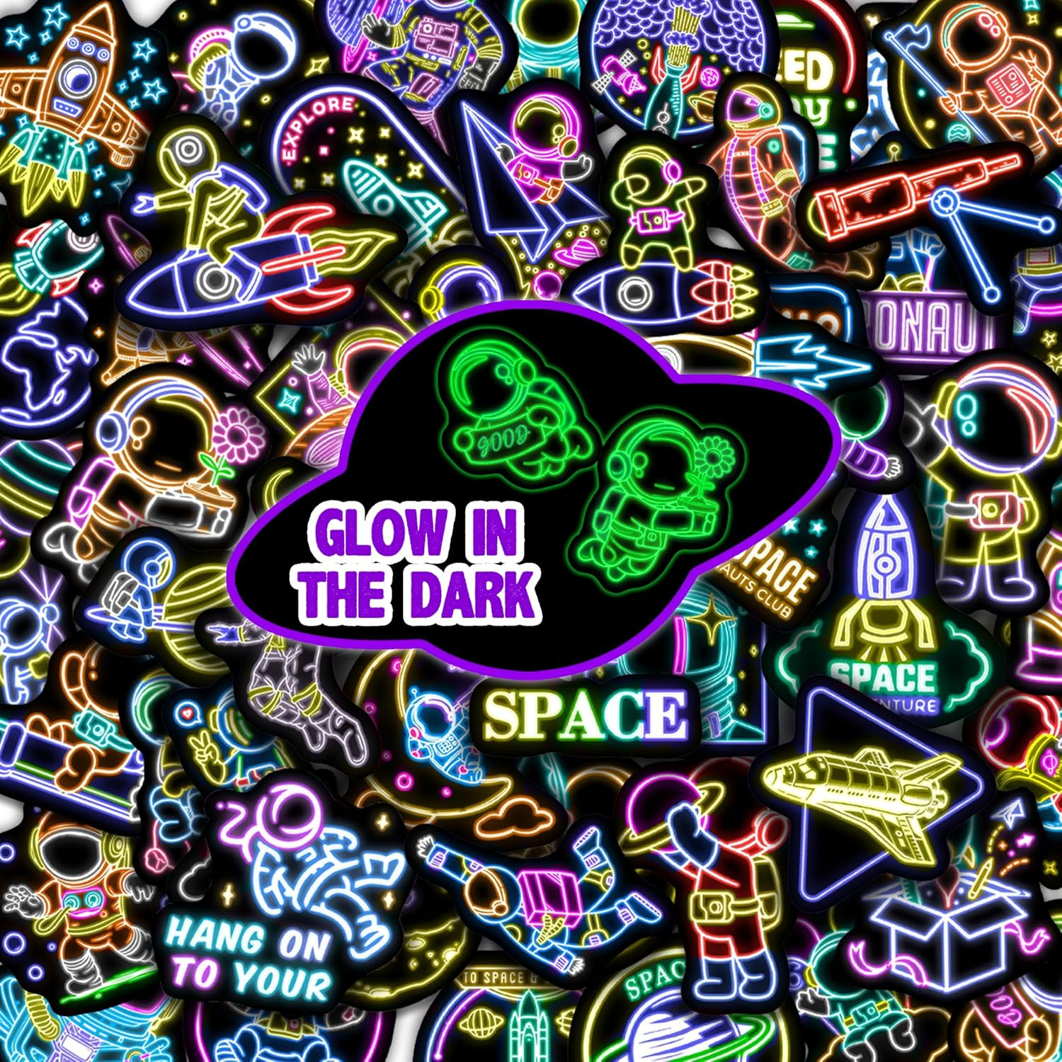 50 Pcs Glow in the Dark Space Themed Neon Stickers for Kids, Adults Waterproof