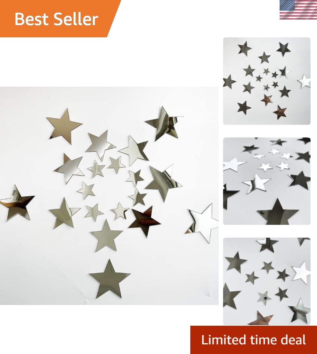 40Pcs Silver Stars Acrylic Mirror Wall Stickers with Adhesive Art Decal Satin…
