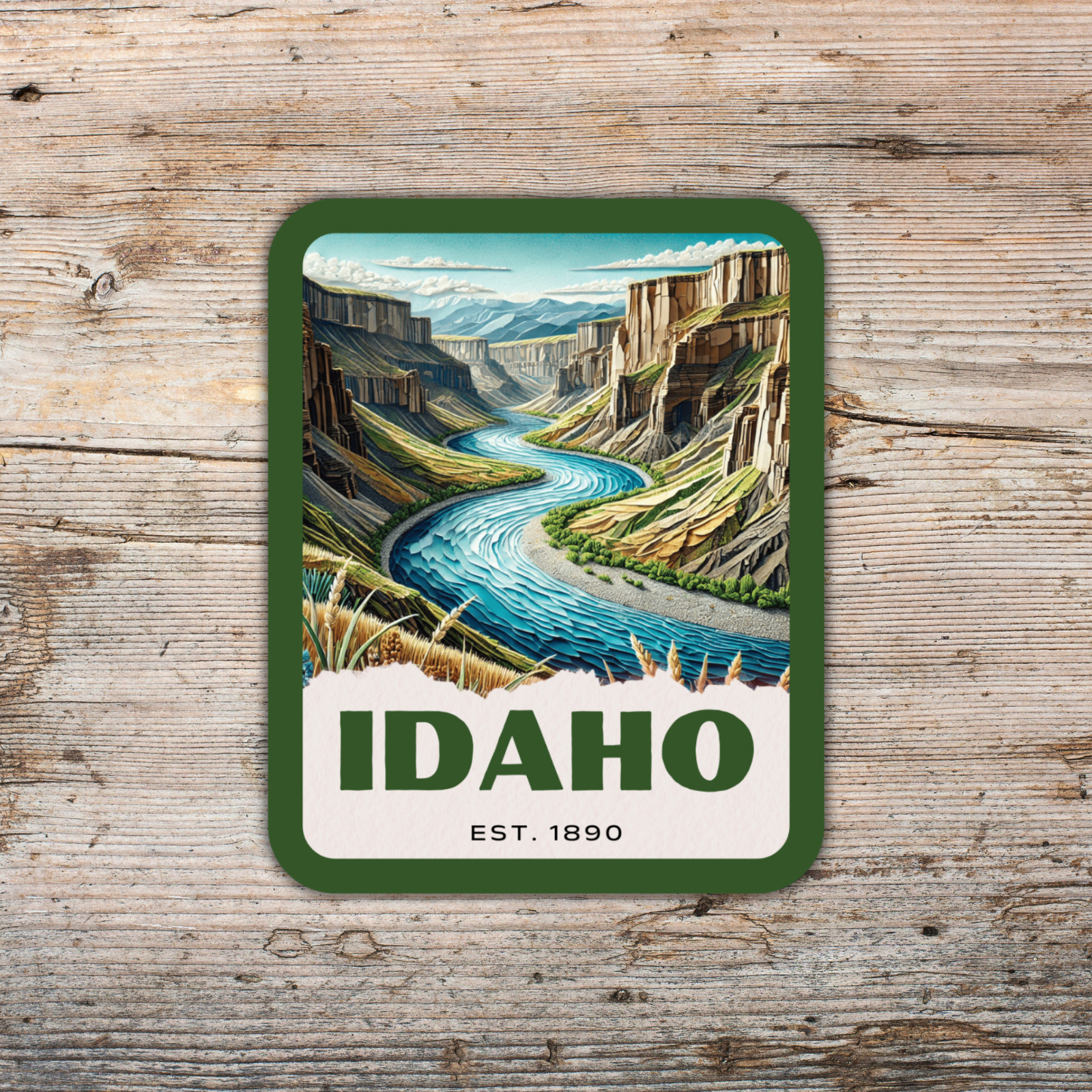 Idaho State Sticker, Paper Collage Look, Snake River Canyon Vinyl Decal
