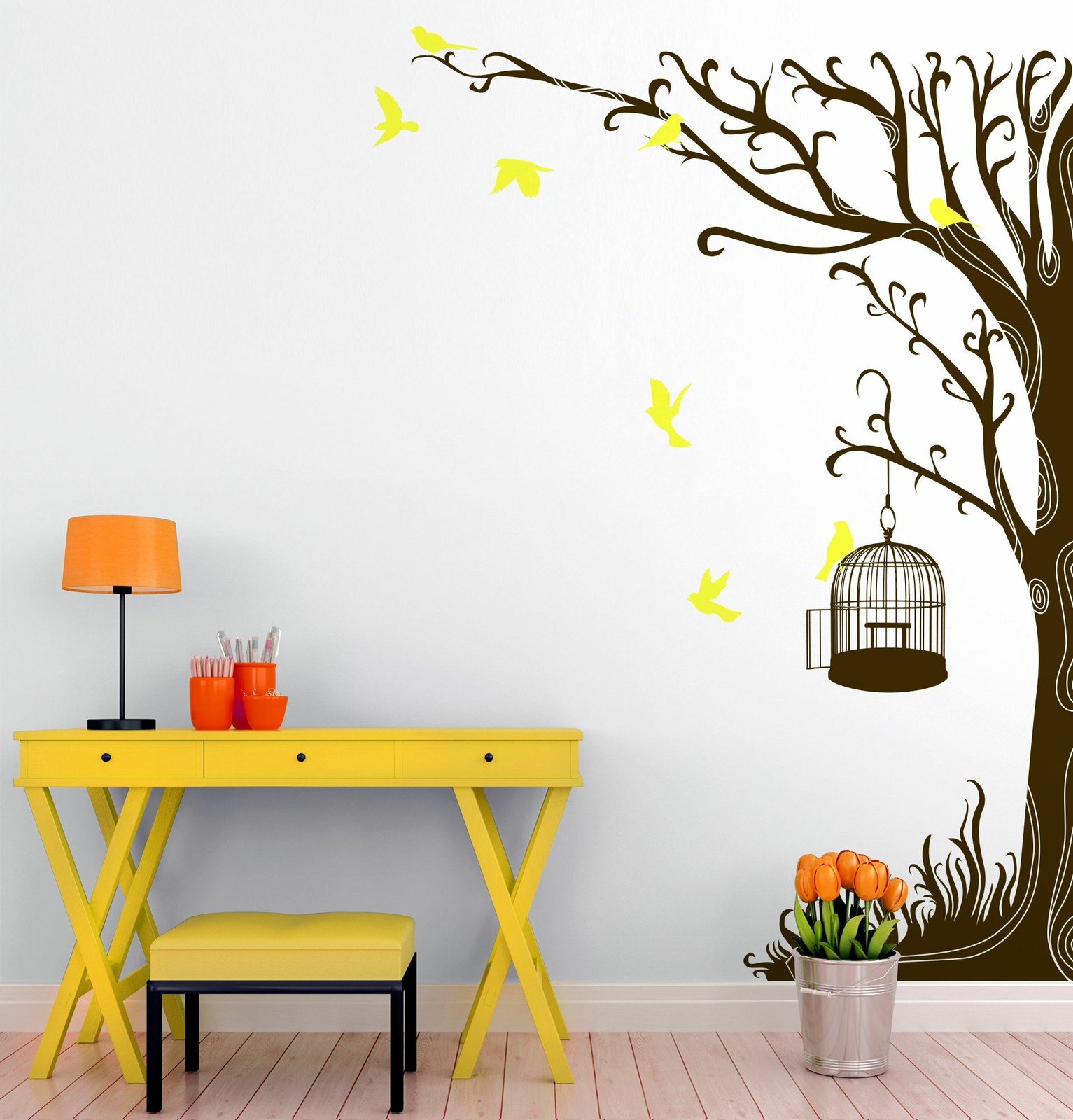 Swirly Tree with Bird Cage Wall Decal Sticker. #6148