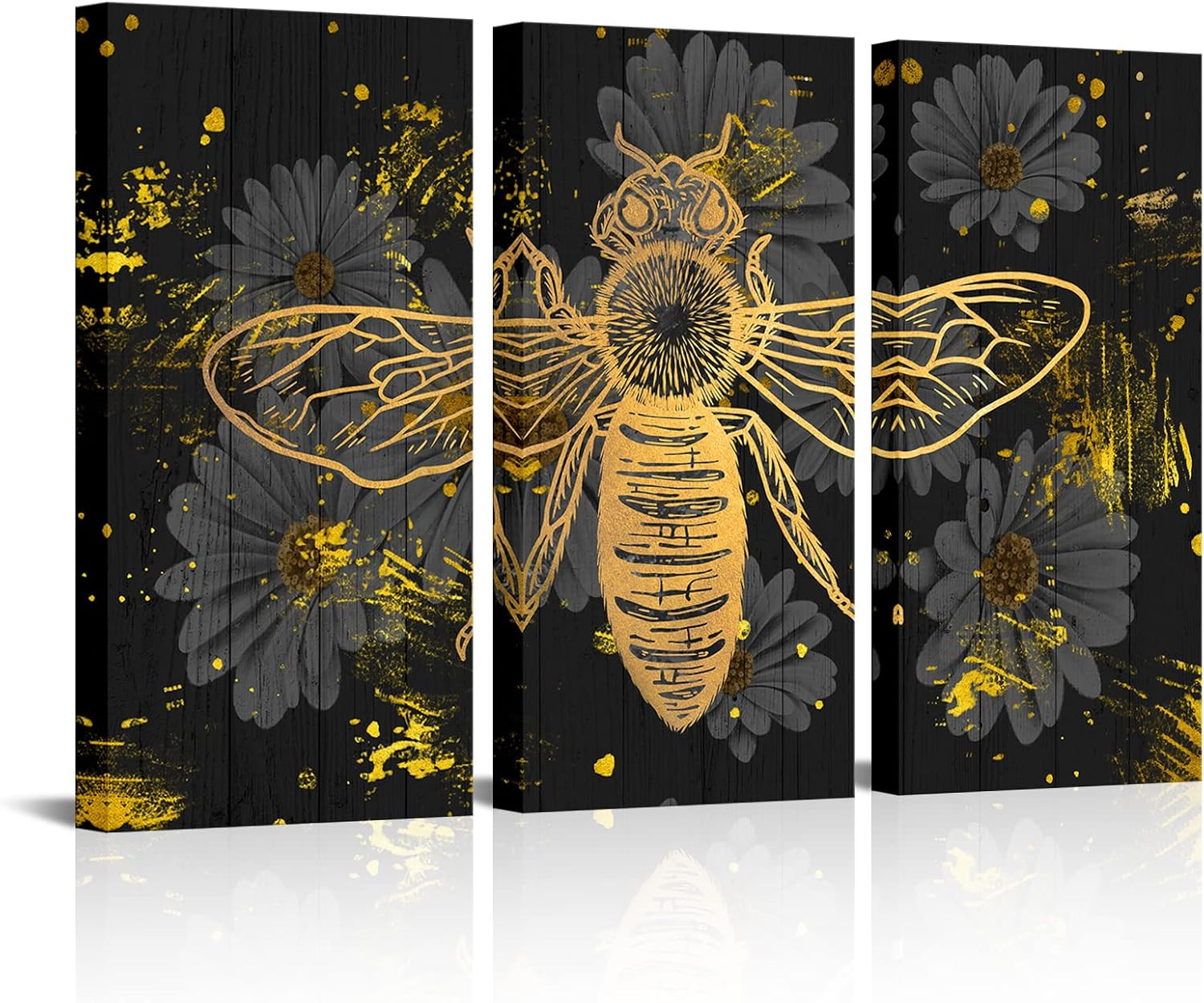 Bee Canvas Wall Decor Bumblebee Honey Daisy Flower Painting Picture Black and Go